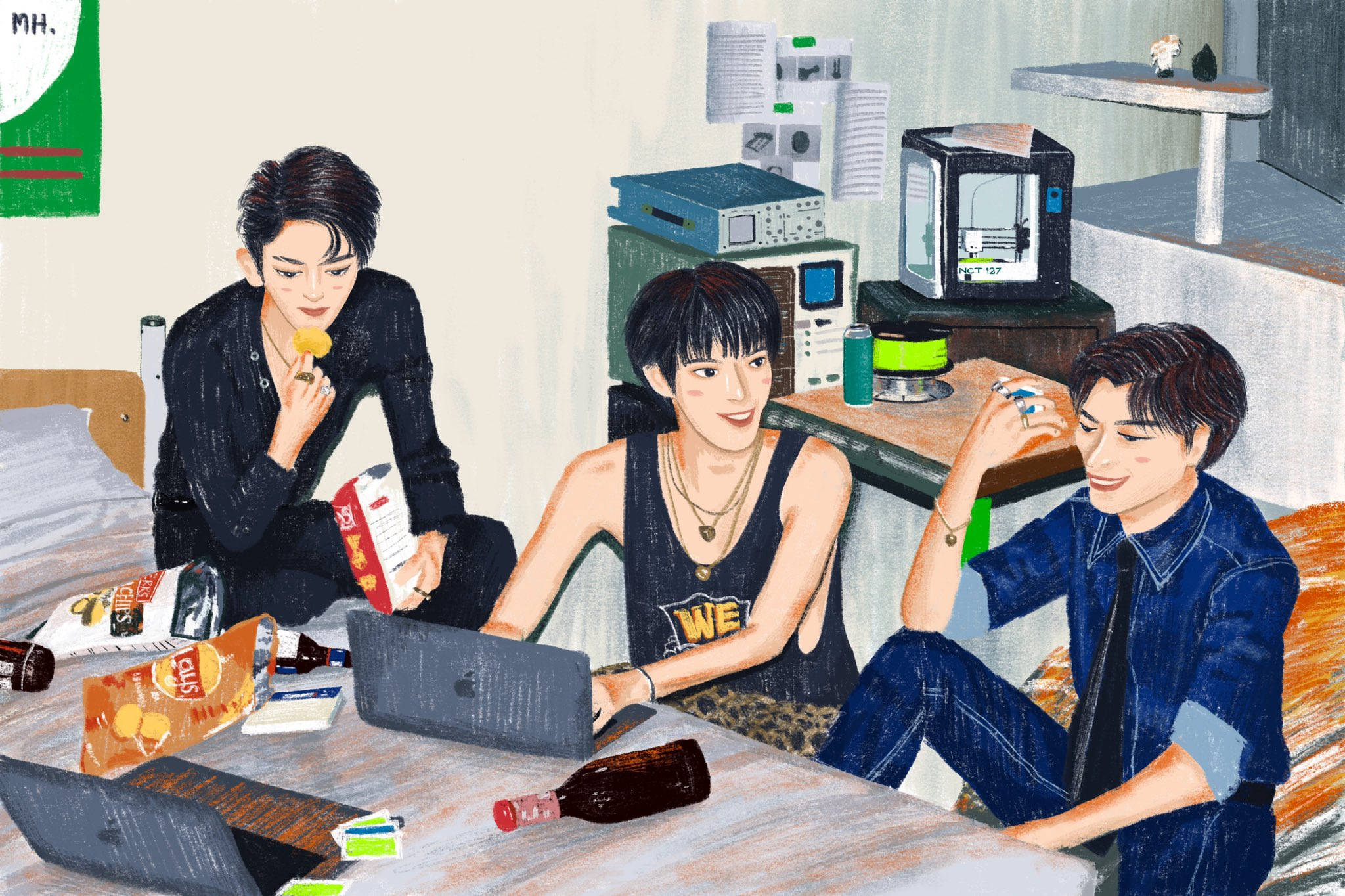 NCT 127 Doyoung、Taeyong、Taeil 粉絲繪畫 壁紙 — 三名年輕男子在凌亂的臥室中放鬆，吃零食並使用手提電腦，周圍有復古科技和散落的飲料。