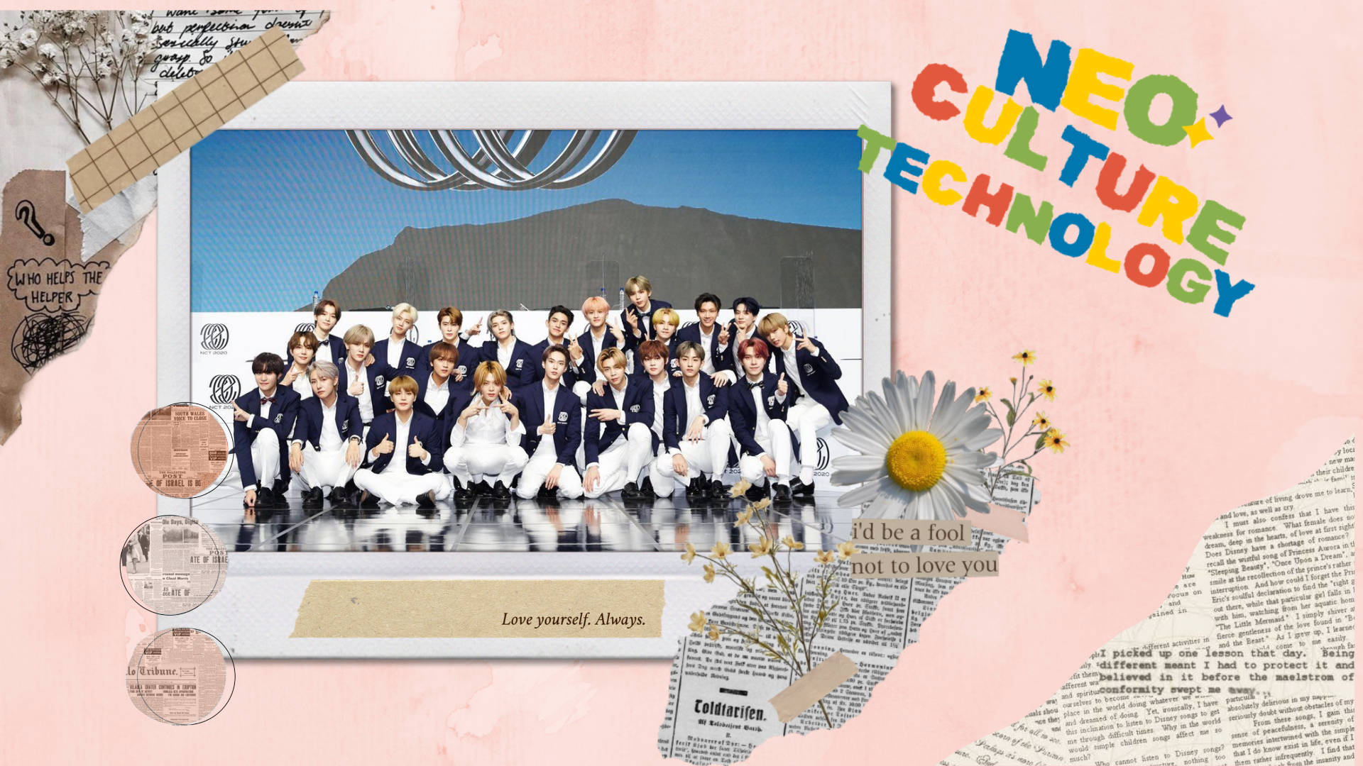 NCT 127 NCT 2020 正裝藝術拼貼 壁紙 — 一個K-pop團體穿著西裝在山景背景下擺姿勢的拼貼畫，周圍環繞著剪貼簿元素和彩色文字。