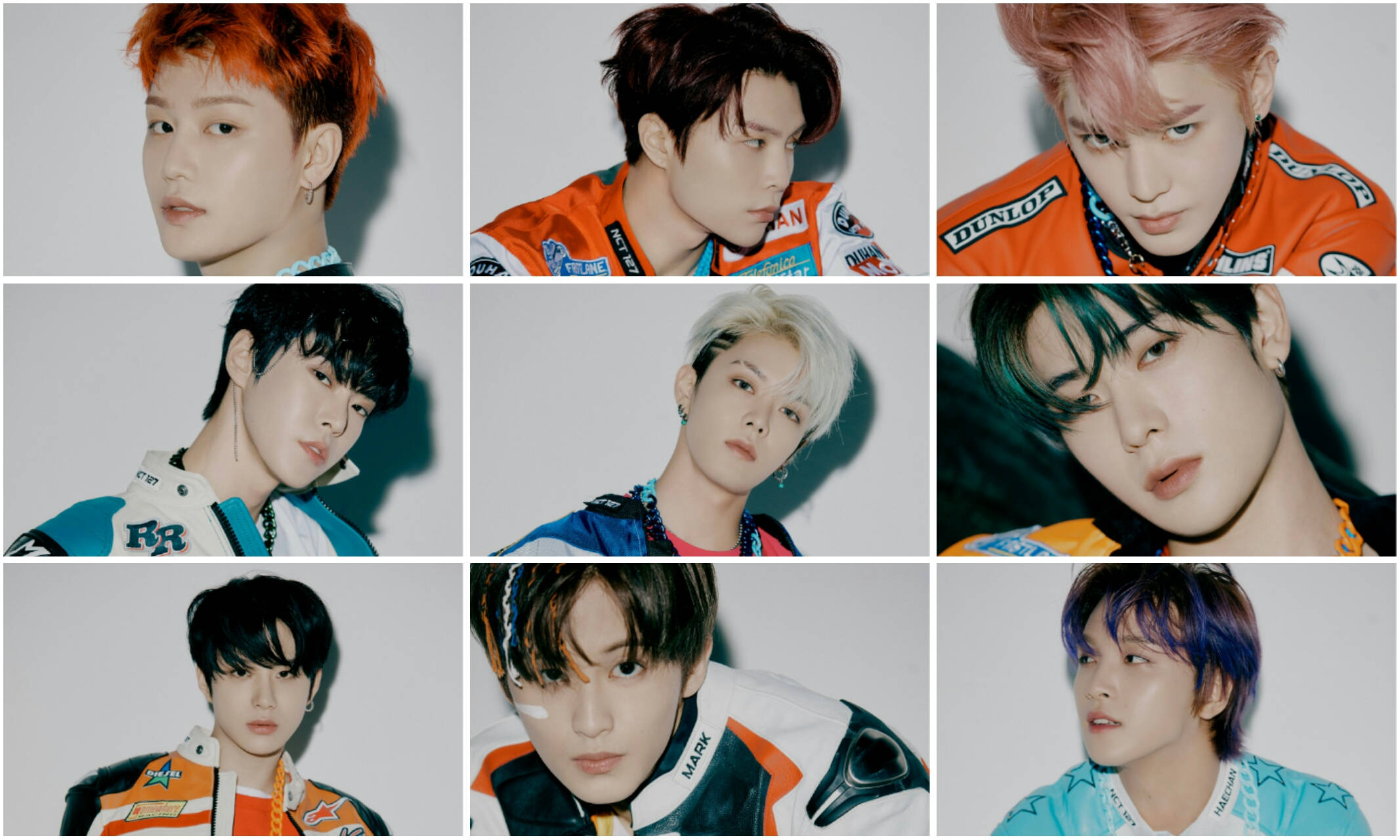 NCT 127《Neo Zone: The Final Round》造型拼貼預告圖 壁紙 — 九位年輕男子以鮮豔髮色和賽車外套在純色背景前以網格佈局擺姿勢。
