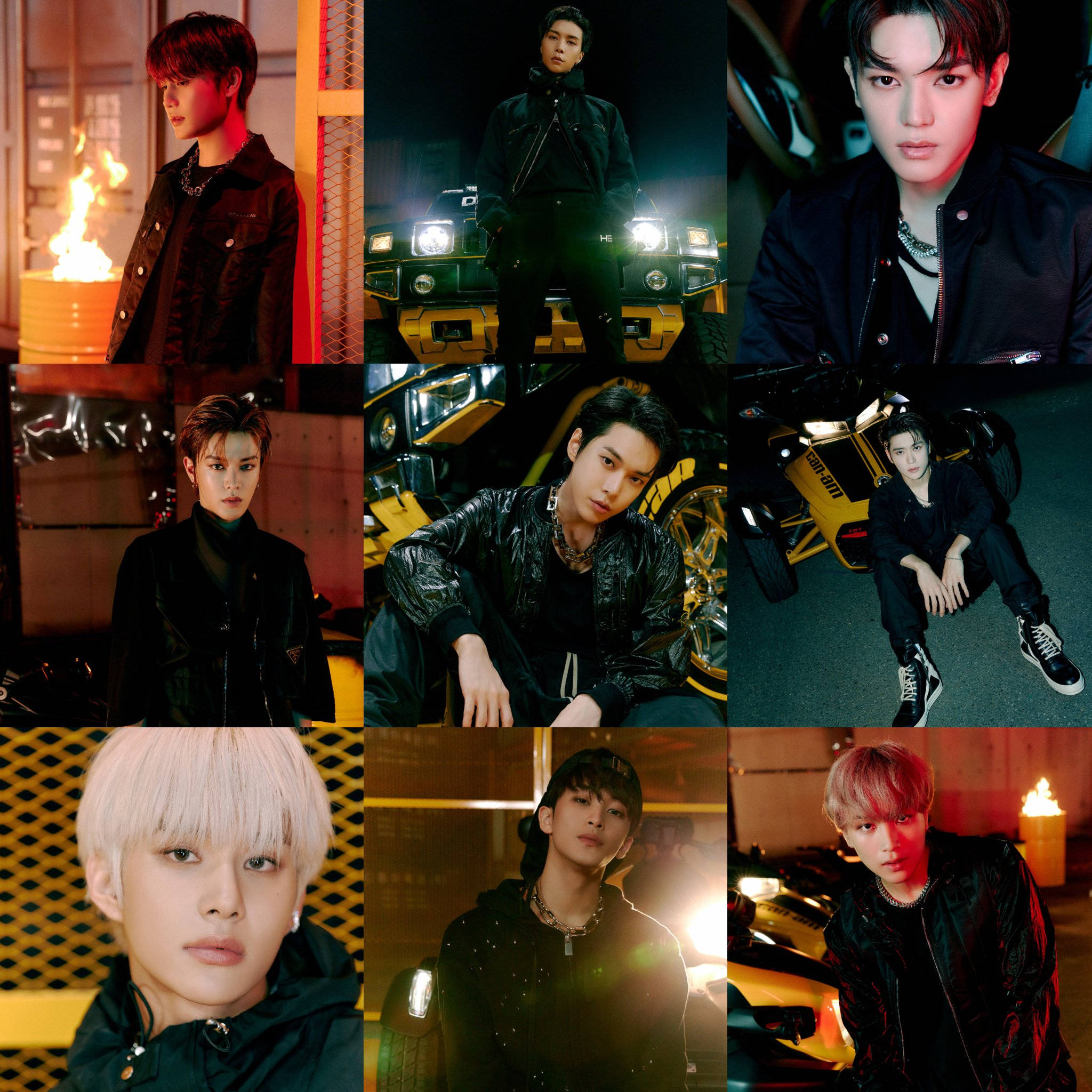 NCT 127《Sticker》專輯預告影像 壁紙 — 九位時尚年輕男性在黑暗都市環境中，與發光的霓虹燈和豪華汽車擺姿勢的網格。