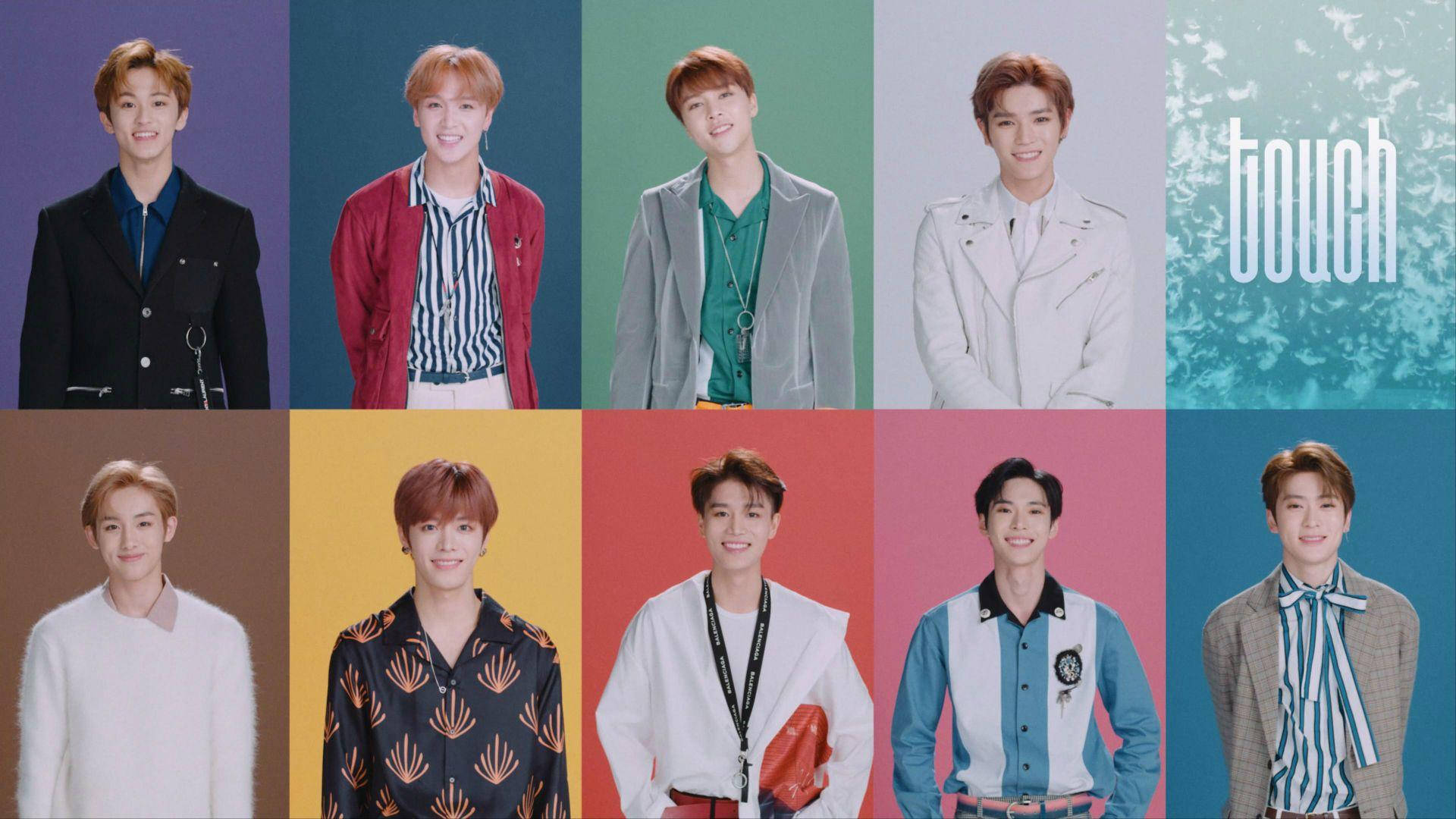 NCT 127《Touch》預告影像 壁紙 — 八位身穿時尚服裝的年輕男性在鮮豔純色背景前擺姿勢，構成宣傳肖像網格。
