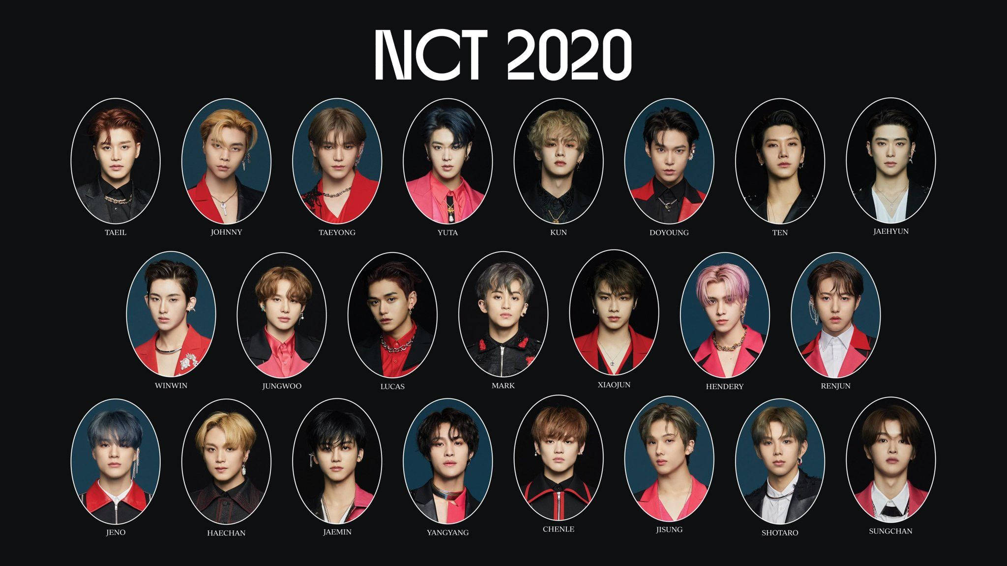 NCT 127 美感團體照展現魅力風采 壁紙 — NCT 2020 成員肖像，身穿紅色外套，背景為深藍色橢圓形，上方有白色文字。