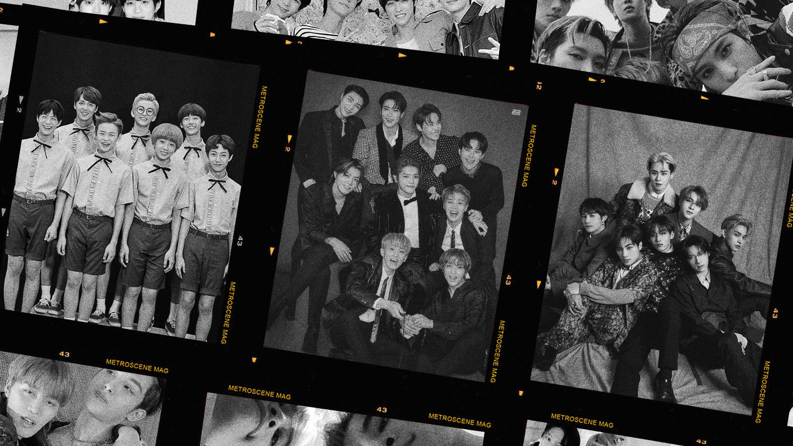 NCT 127 與 NCT 子團體合照 壁紙 — 黑白照片拼貼，K-pop 團體成員以各種姿勢和服裝呈現在復古膠片條框內。