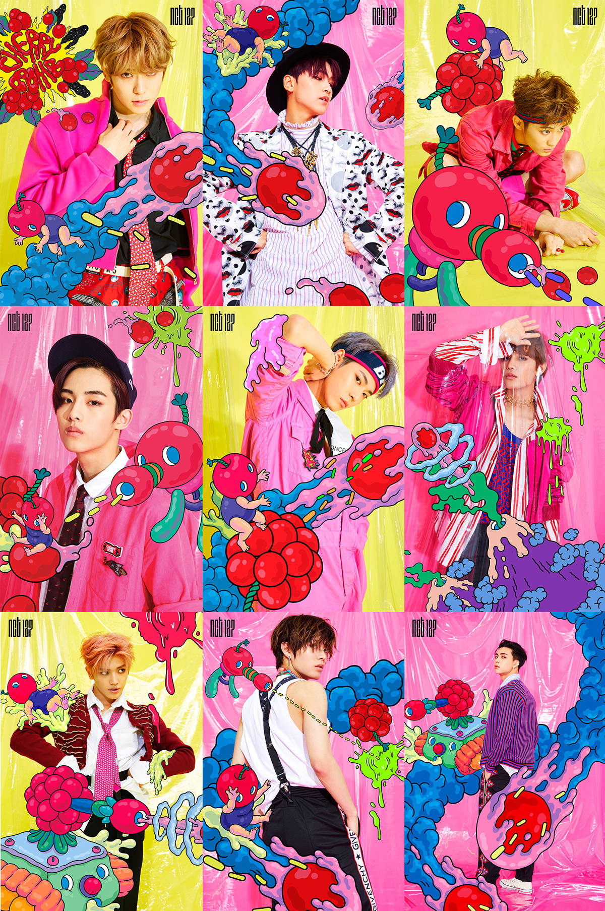 NCT 127《Cherry Bomb》預告海報拼貼 壁紙 — 九位穿著大膽服裝的年輕男子在粉紅色和黃色背景上，充滿活力的卡通風格紅色和藍色潑濺圖形中擺姿勢。
