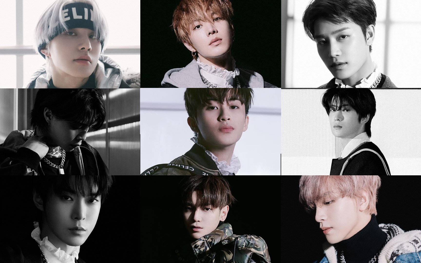 NCT 127雜誌攝影集 壁紙 — 九位時尚年輕男士的黑白肖像，帶有戲劇性燈光和時尚前衛的服裝。