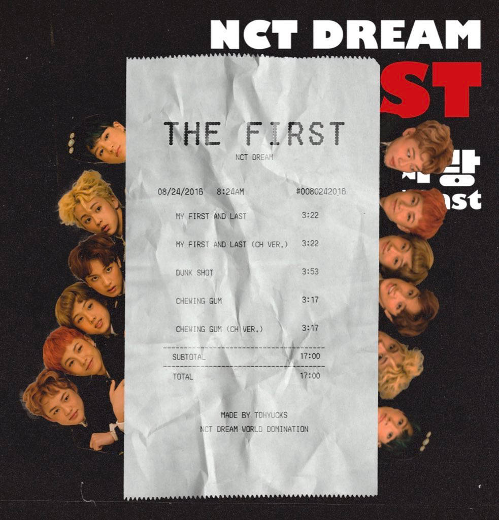 NCT Dream《The First》專輯收據 壁紙 — 一張皺巴巴的收據，列出NCT DREAM出道專輯的曲目，周圍是成員肖像，背景為黑色。