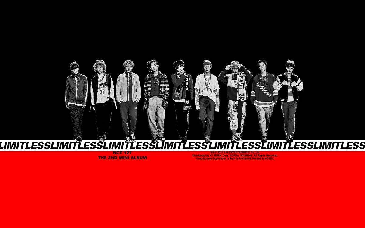九位K-pop偶像在帶有「LIMITLESS」文字的黑色和紅色專輯封面上排成一排擺姿勢。