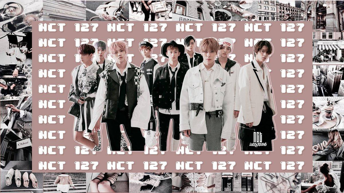 七位K-pop偶像穿著時尚服裝，在粉紅色的NCT 127品牌背景前擺姿勢。