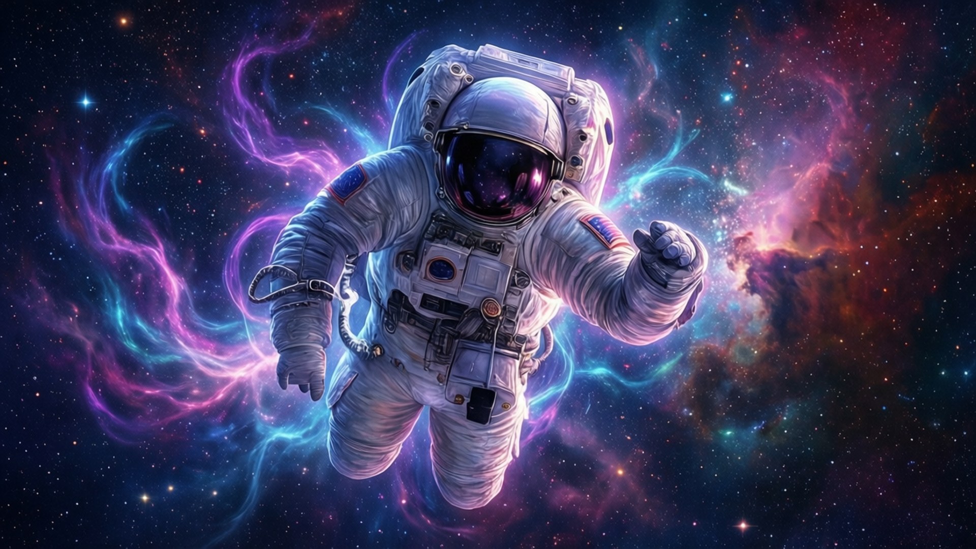 太空人在色彩繽紛的宇宙星雲中漂浮，有星星和旋轉的氣體