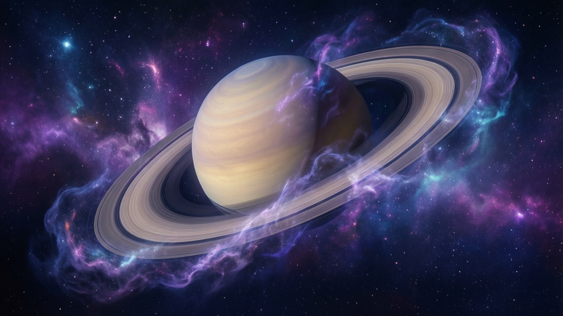 被色彩繽紛的宇宙雲和星星包圍的環狀行星