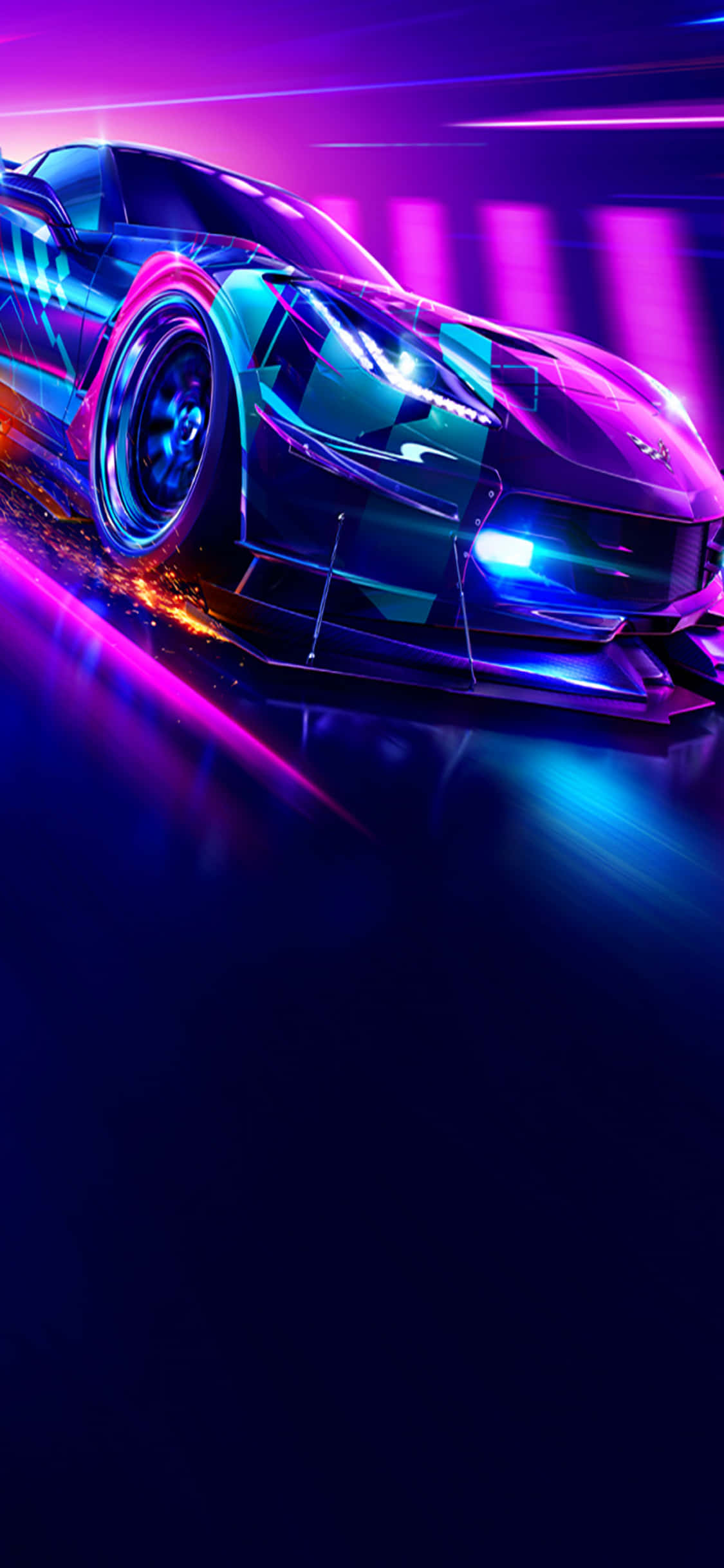《Need for Speed Heat》在iPhone Xs上點燃賽車熱潮 壁紙 — 一輛流線型未來主義跑車在充滿霓虹燈的城市隧道中滑行，紫色和藍色的燈光呼嘯而過。