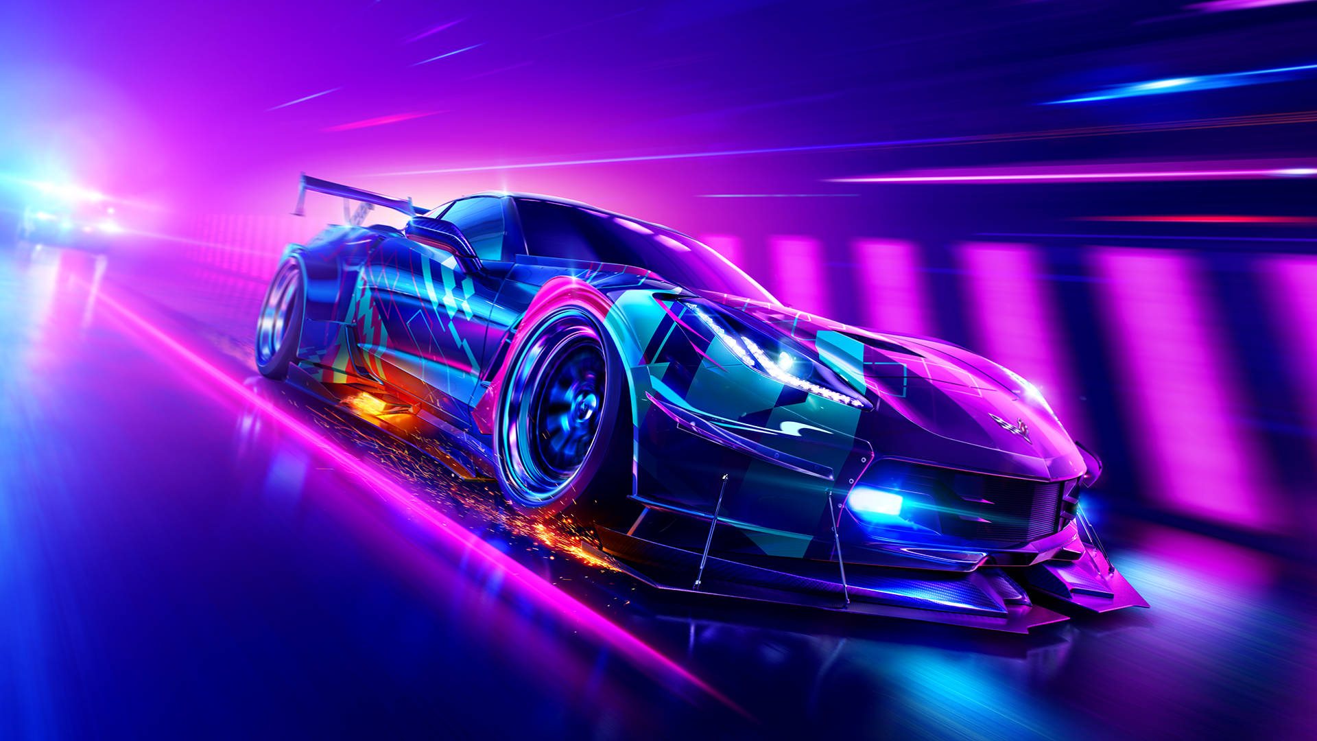 《Need for Speed Heat》霓虹紫車 壁紙 — 一輛時尚的未來主義跑車在霓虹燈隧道中飛馳，紫色和藍色的燈光呼嘯而過。