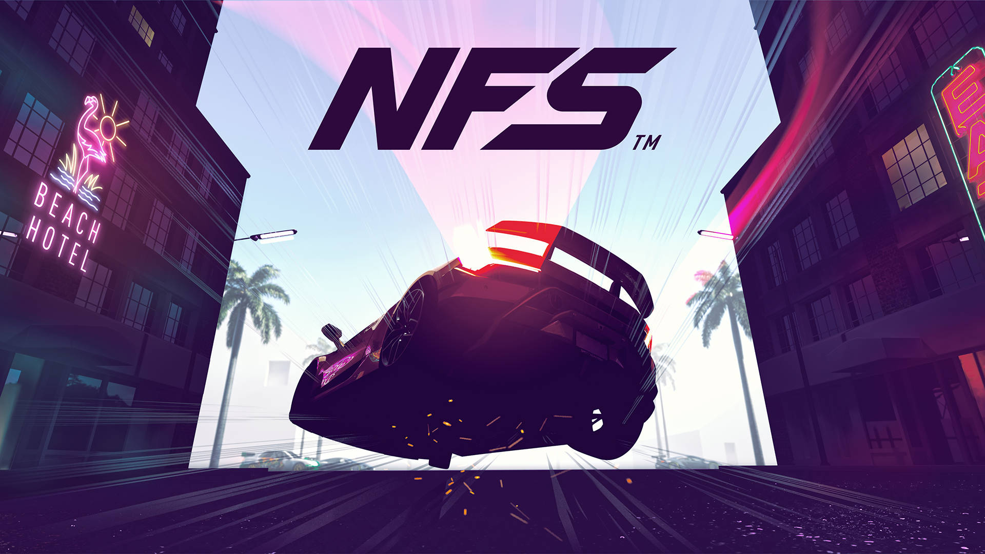 《Need for Speed Heat》NFS海報 壁紙 — 一輛黑色跑車在霓虹燈照亮、種有棕櫚樹的街道上飛躍，『Beach Hotel』招牌在暮色中閃爍。
