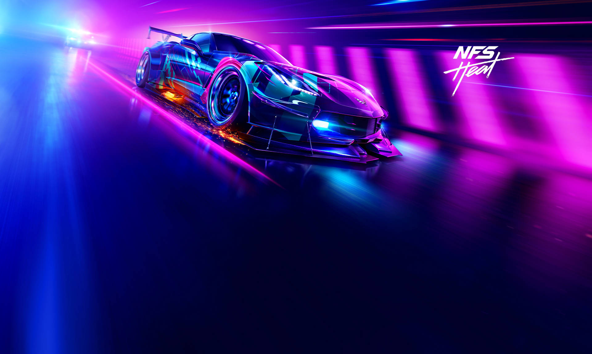 《Need for Speed Heat》迷人海報藝術 壁紙 — 一輛未來主義跑車在霓虹燈隧道中疾馳，充滿活力的紫色和藍色燈光掠過。