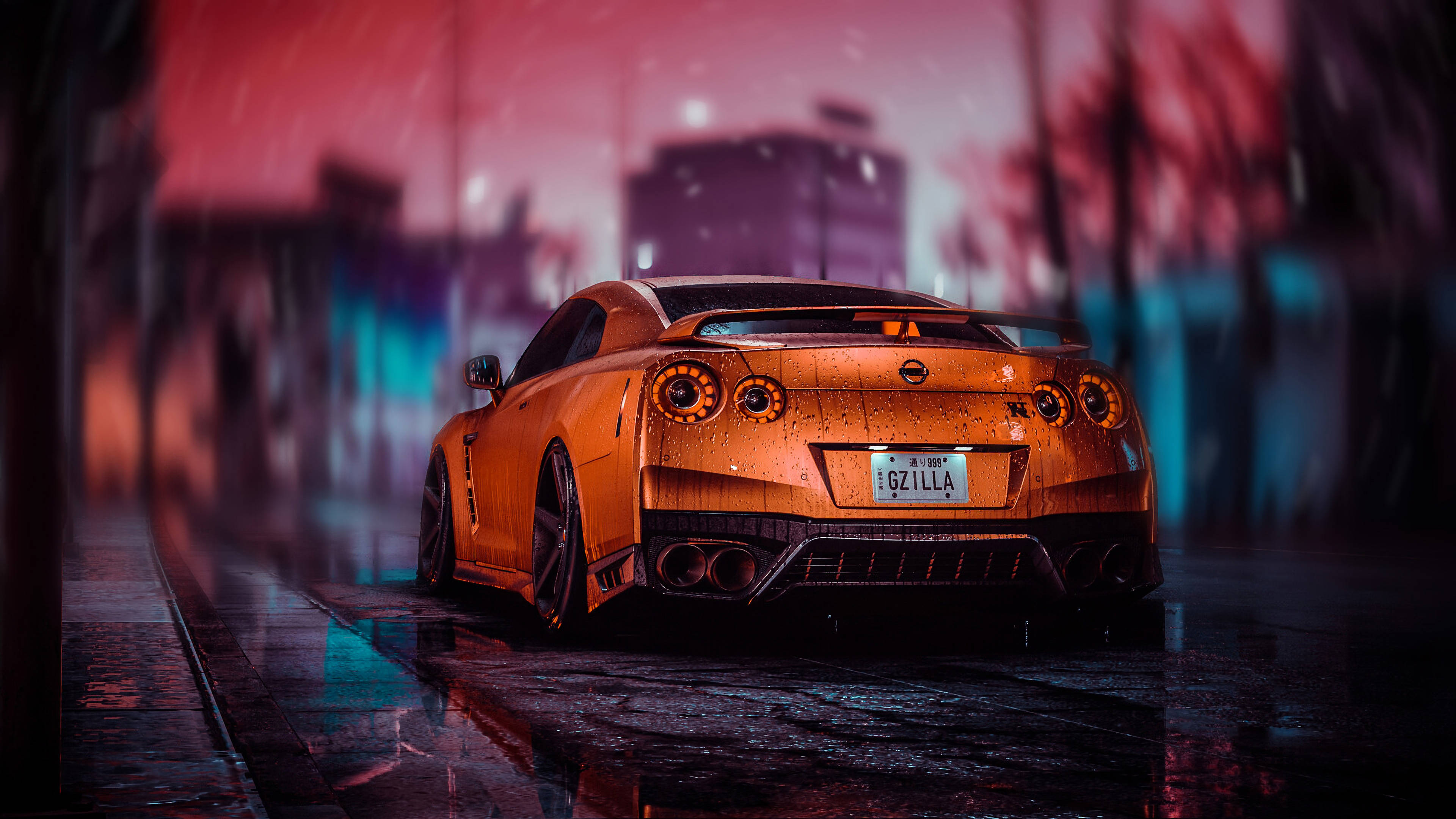 《Need for Speed Heat》橙色賽車 壁紙 — 一輛充滿活力的橙色跑車在超現實的粉紅色和藍色暮色天空下，在雨濕的城市街道上閃閃發光。