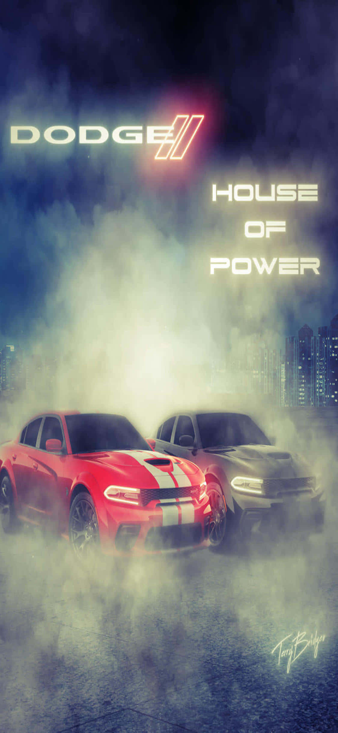 《Need for Speed Heat》極速與時尚的賽車世界 壁紙 — 兩輛道奇肌肉車在夜間霓虹燈照亮的城市天際線前，在煙霧中飄移。