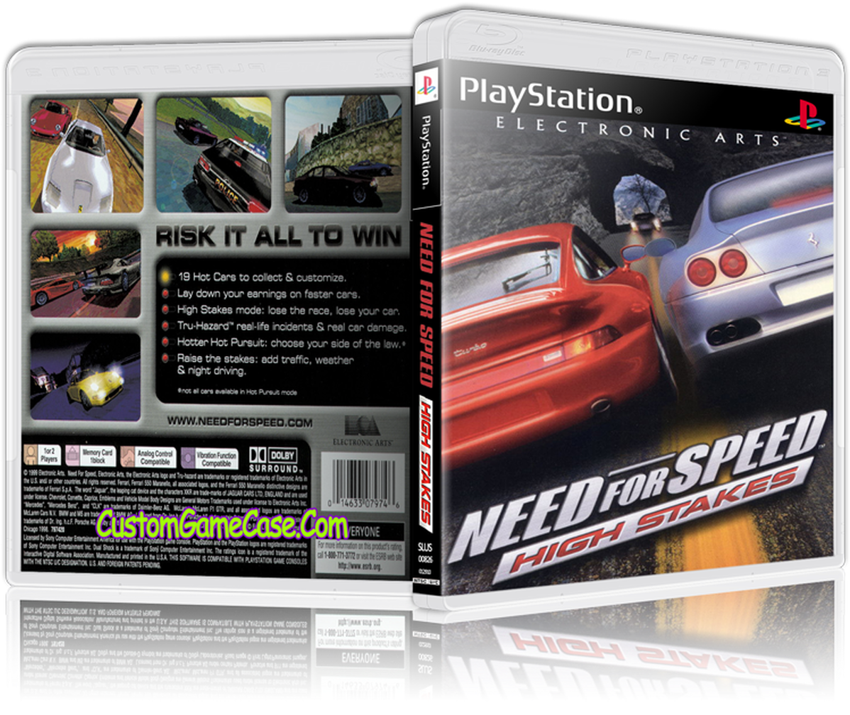 《Need for Speed: High Stakes》PlayStation遊戲盒 壁紙 — 兩輛賽車在PlayStation遊戲封面上的高速夜間街頭賽車中相撞。