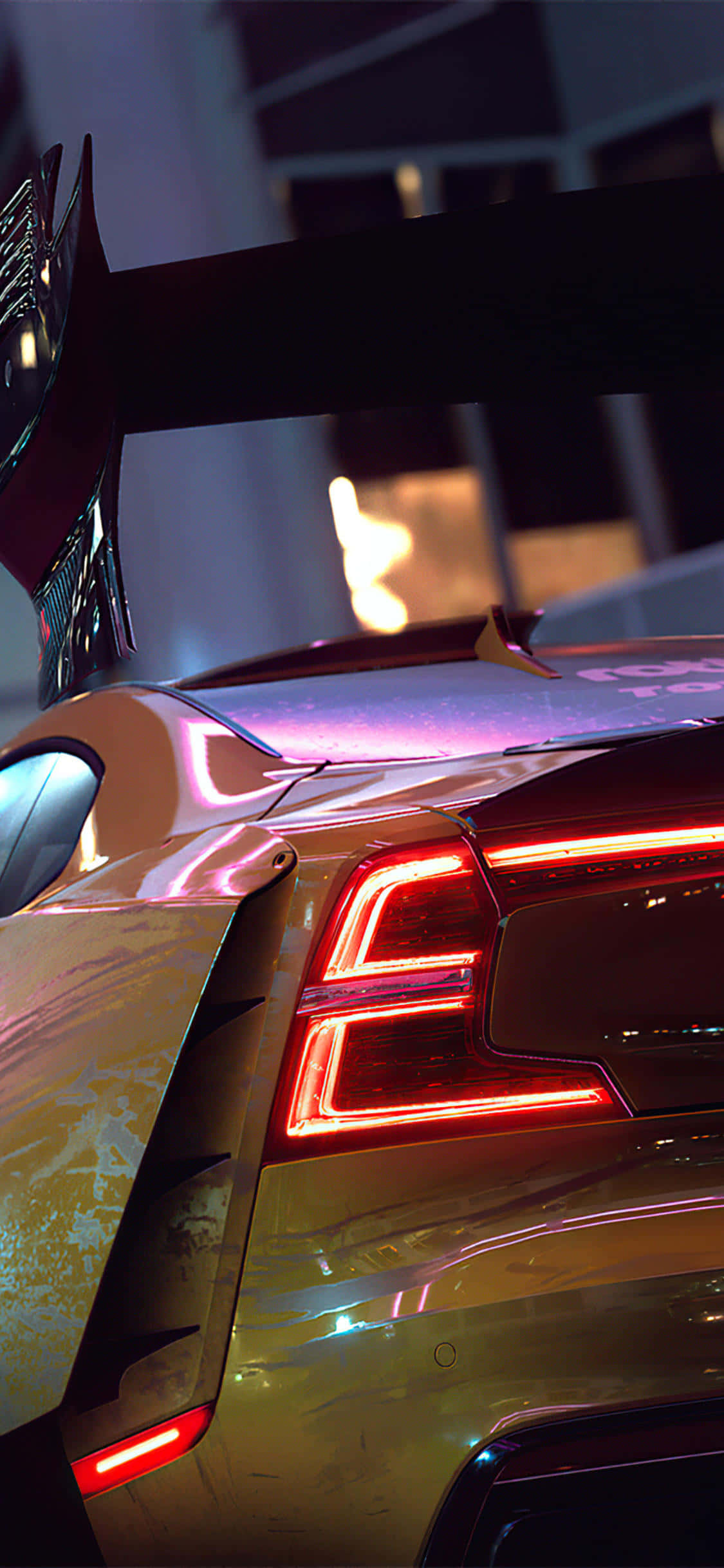 《Need for Speed Heat》探索Palm City街頭 壁紙 — 一輛流線型金色跑車的紅色尾燈在夜間城市燈光下映照在濕漉漉的路面上。