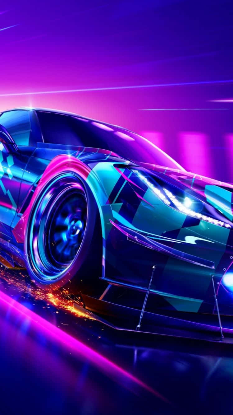 《Need For Speed Heat》賽車背景：淺藍與深藍 壁紙 — 一架時尚的未來主義跑車在充滿活力的賽博朋克隧道中疾馳，散發著霓虹紫和藍色的光芒。