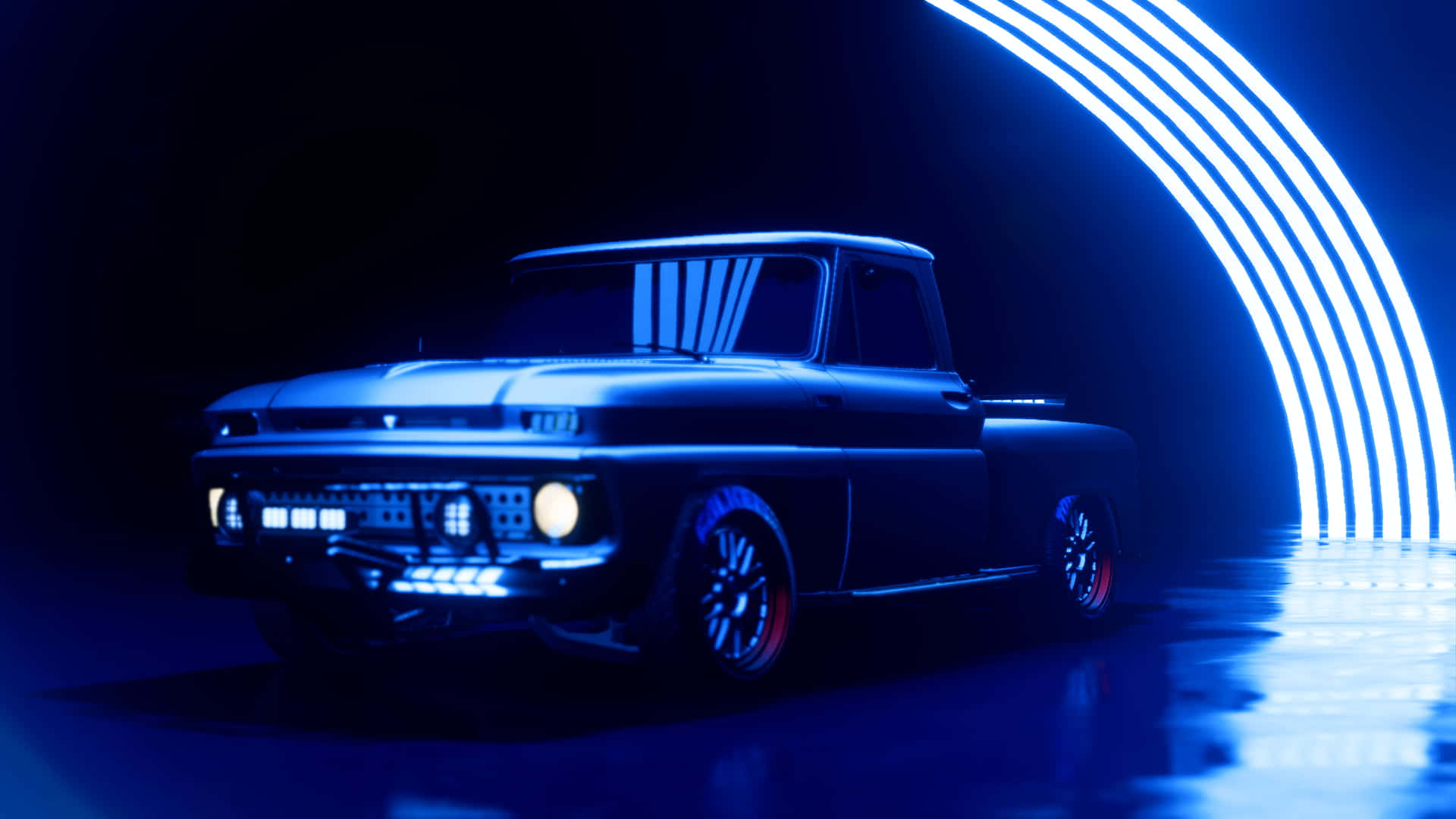 《Need For Speed Heat》高畫質遊戲畫面背景 壁紙 — 一輛復古皮卡車在黑暗工作室中，在霓虹藍拱形燈光下閃閃發光，地板具有反射效果。