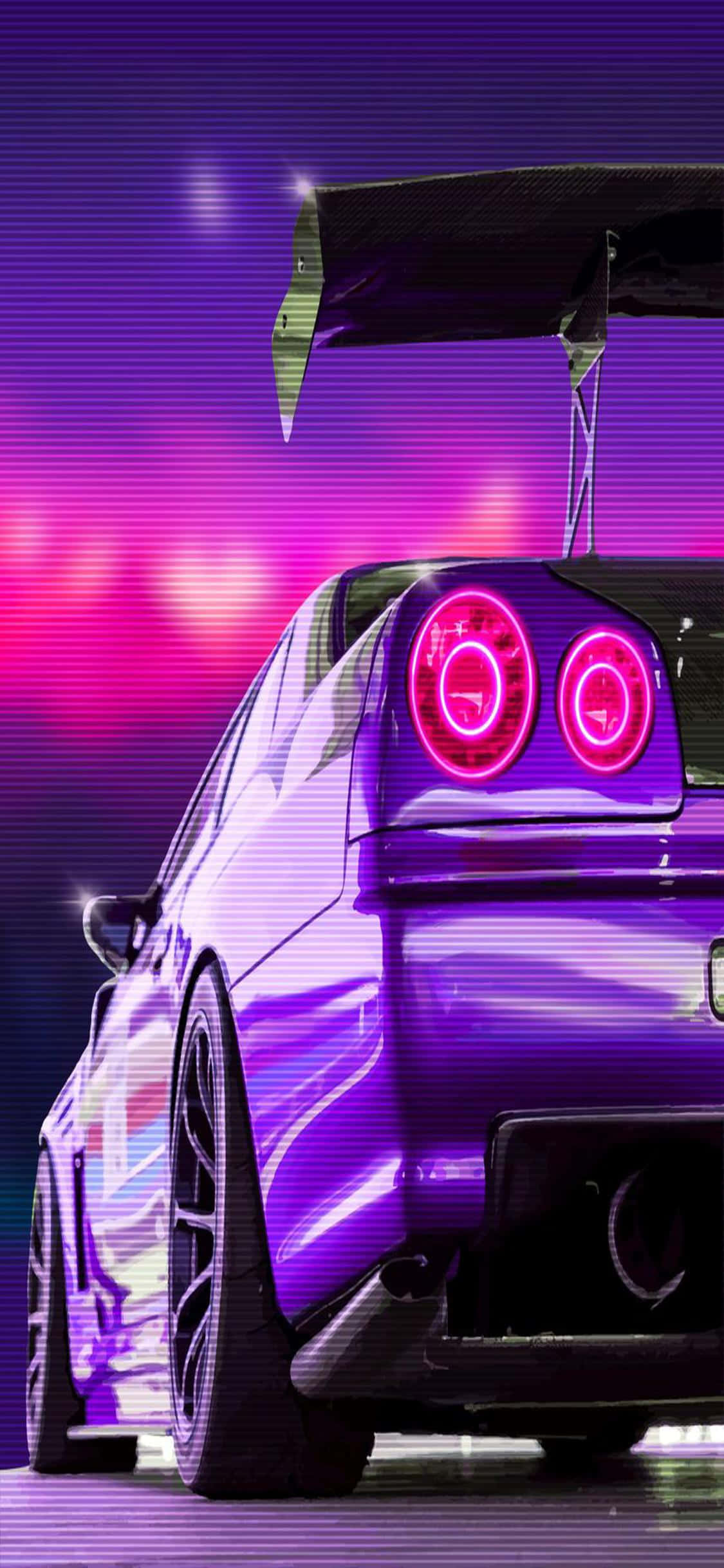 《Need for Speed Heat》極速競賽與極致車輛改裝體驗 壁紙 — 一輛光澤的紫色跑車，帶有發光的粉紅色尾燈和一個大型後擾流板，背景是充滿活力的霓虹紫色和粉紅色天空。