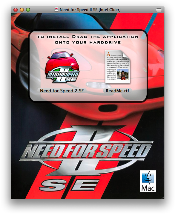Need for Speed II SE 安裝畫面（Mac版） 壁紙 — 一個經典 Macintosh 安裝程式視窗，用於 Need for Speed II SE，顯示在紅色跑車圖形和遊戲標誌上方。