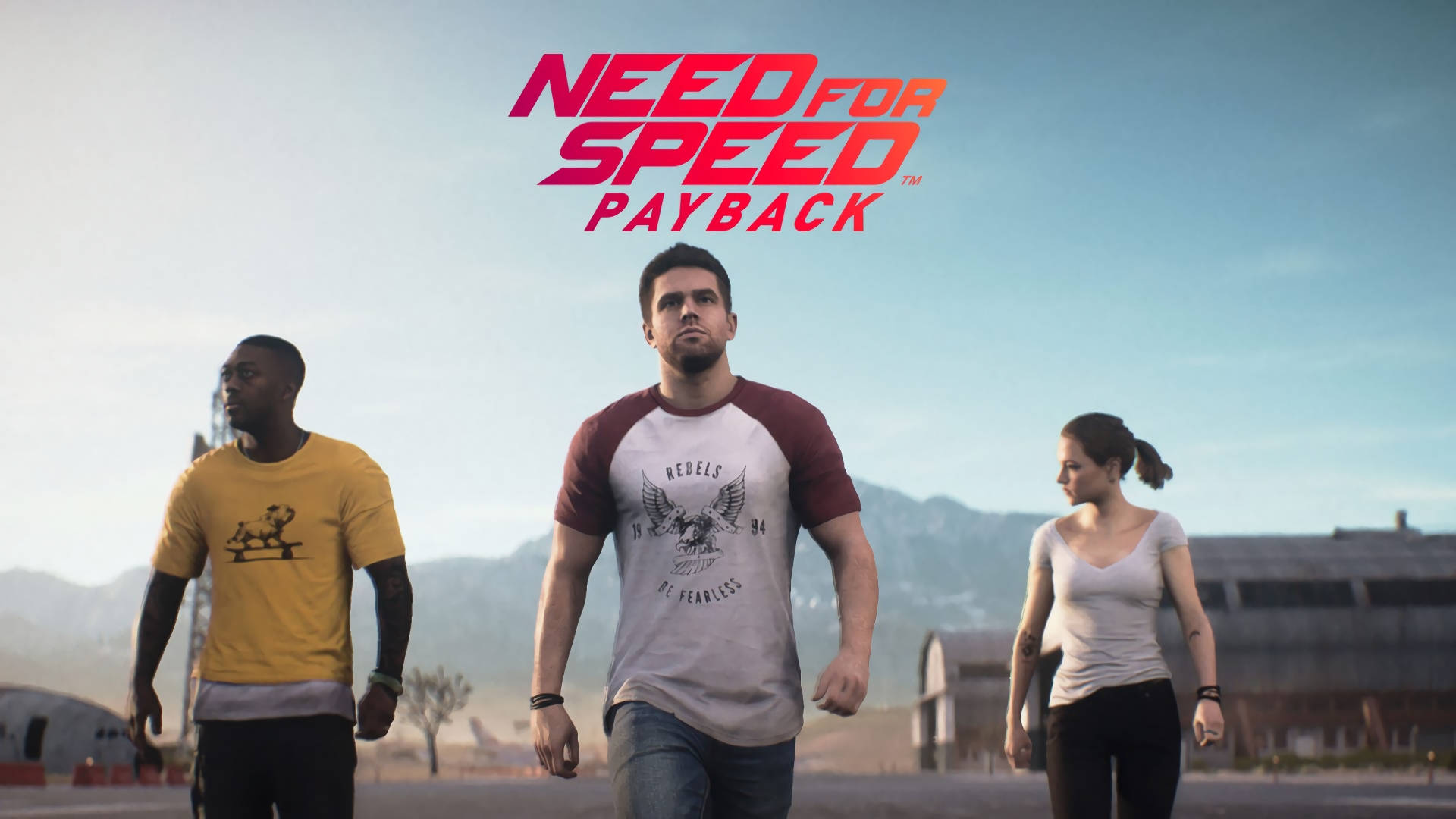 《Need for Speed Payback》車隊 壁紙 — 三位堅定的賽車手在陽光明媚的沙漠場景中大步向前，上方是醒目的「Need for Speed Payback」標誌。