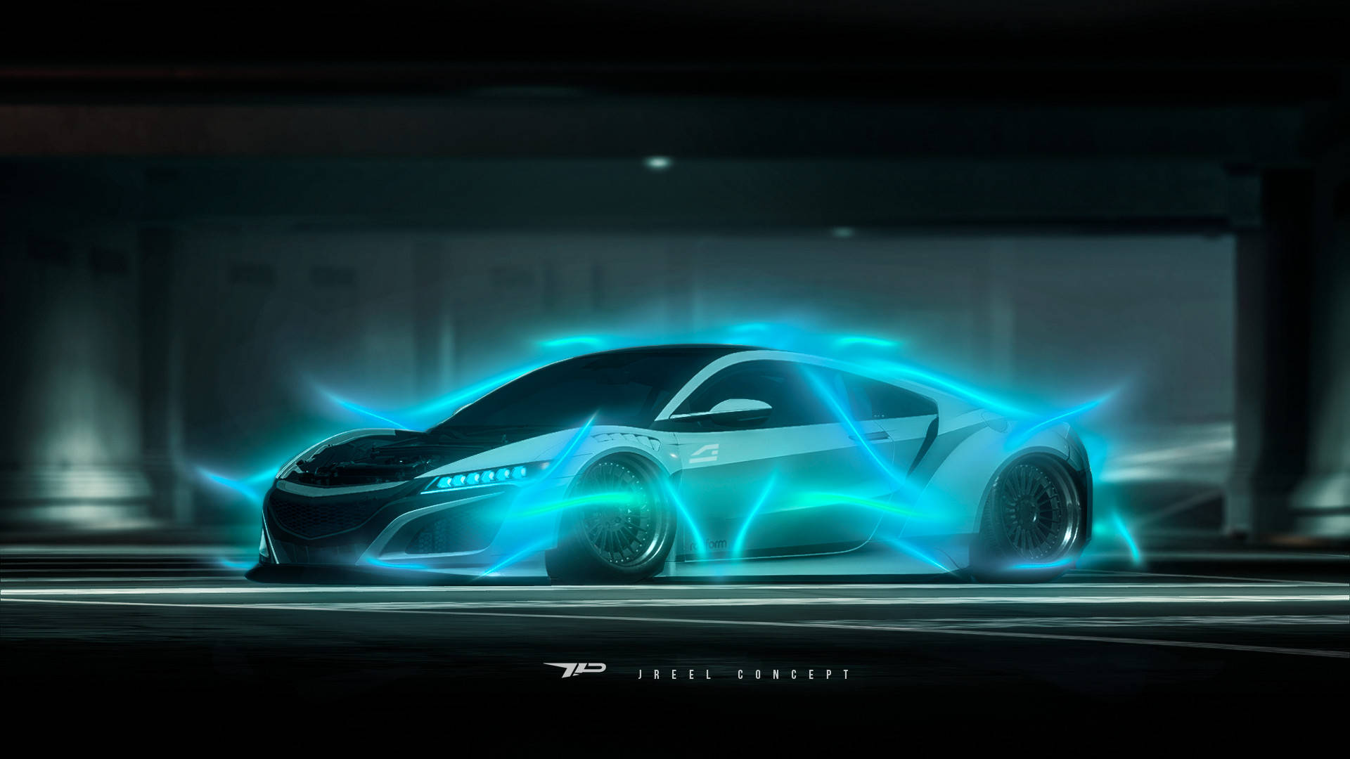 《Need for Speed Payback》Acura NSX霓虹燈 壁紙 — 一輛時尚的未來主義跑車在黑暗的地下車庫中散發出充滿活力的藍色能量線。