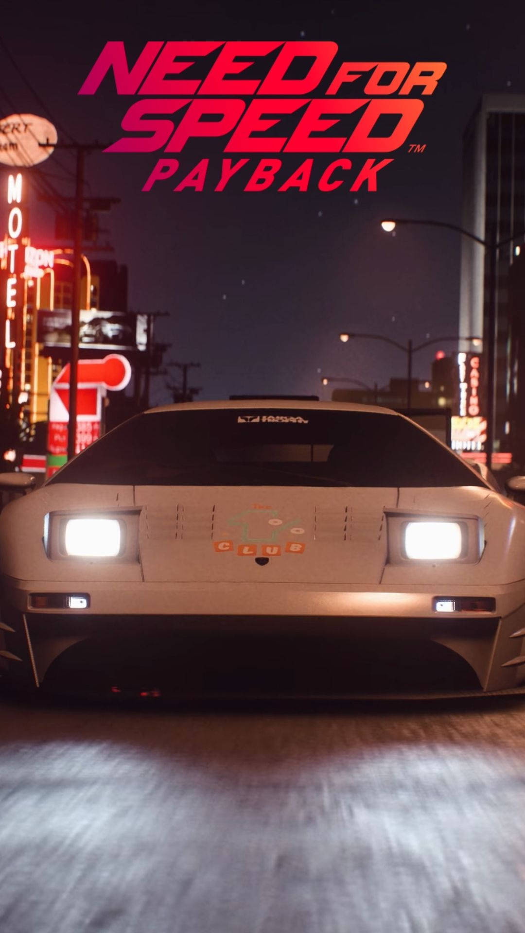 白色跑車在夜晚的霓虹燈城市中飛馳，上方有遊戲標題。