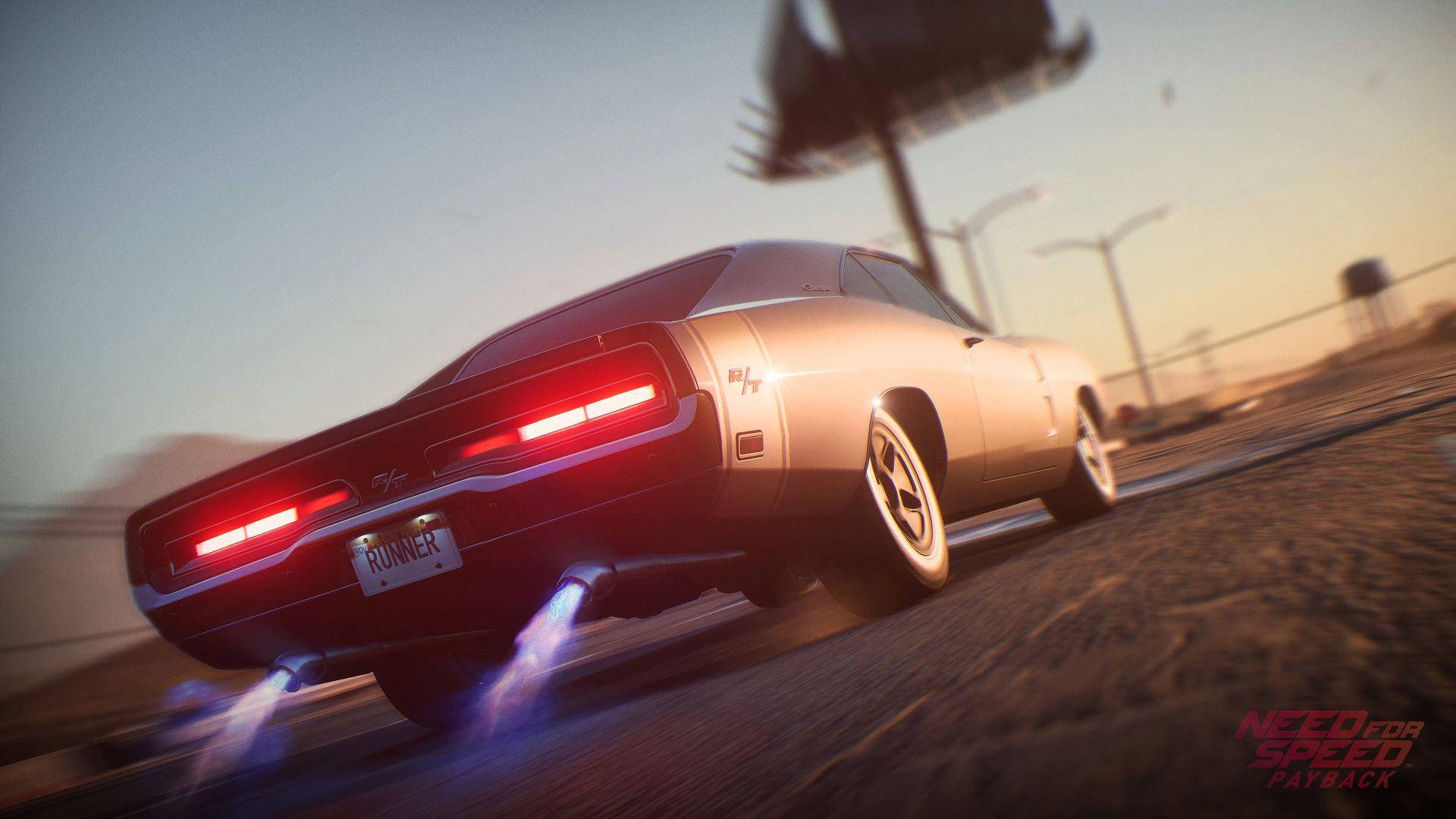 《Need For Speed Payback》道奇Nitro加速 壁紙 — 一輛銀色肌肉車，帶有發光的紅色尾燈和藍色排氣火焰，在日落時分沿著塵土飛揚的道路疾馳。