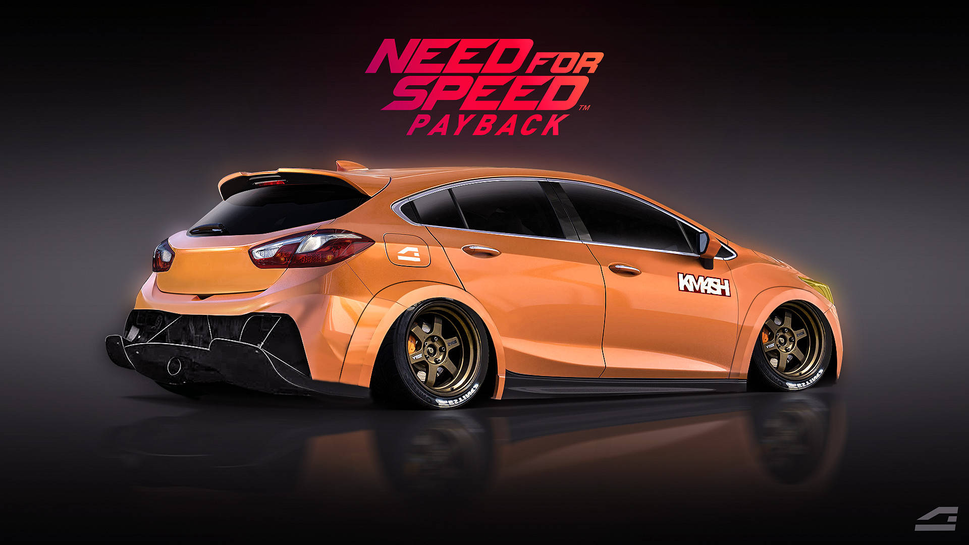 《Need For Speed Payback》雪佛蘭Cruze驚險駕駛 壁紙 — 一輛鮮橙色改裝掀背車，帶有KW標誌和定制輪圈，在黑暗的攝影棚中展示，上方有'Need for Speed Payback'標誌。