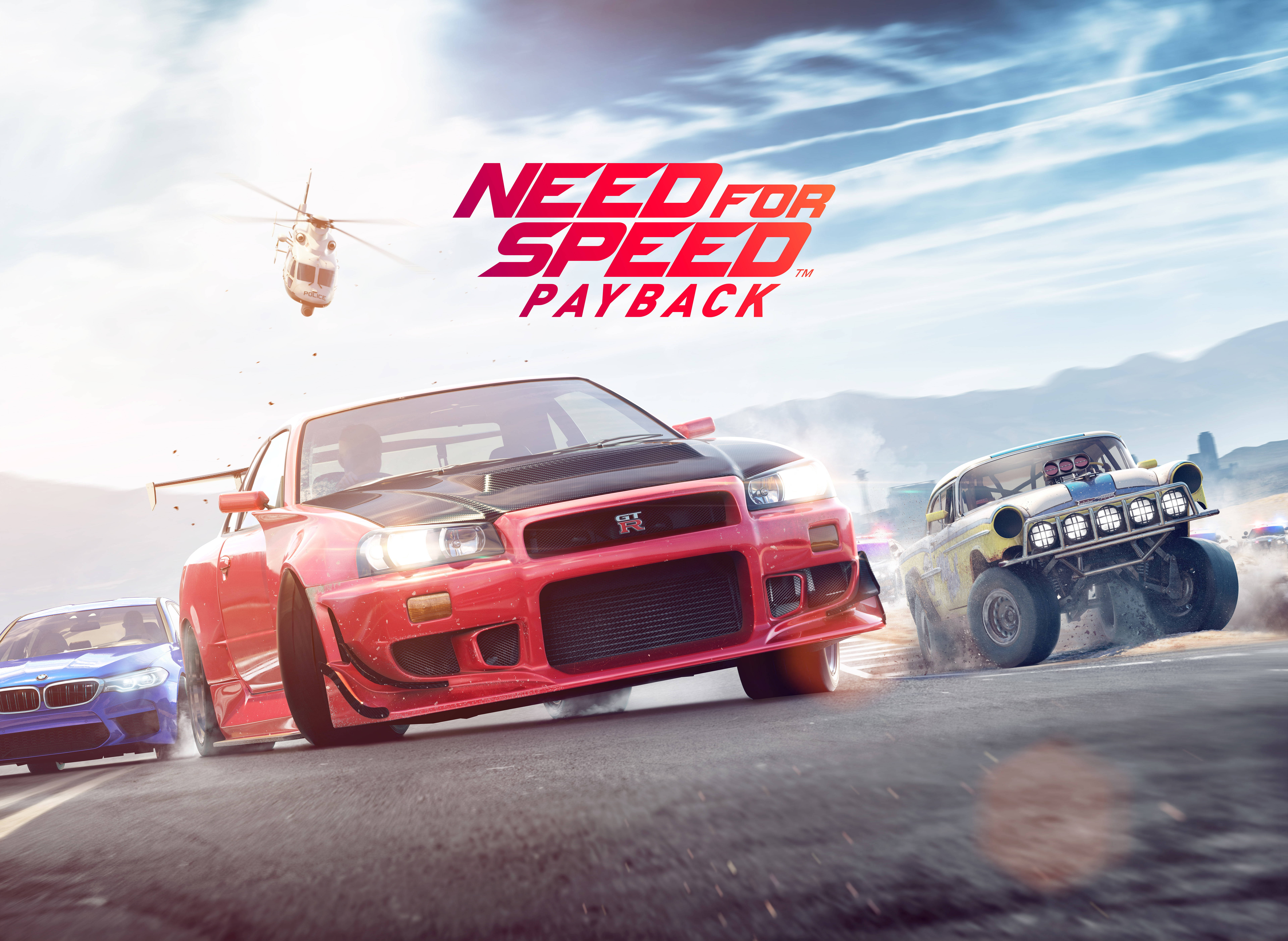 《Need for Speed Payback》海報 壁紙 — 一輛紅色跑車與一輛黃色怪獸卡車和一輛藍色轎車在塵土飛揚的道路上並排行駛，頭頂有直升機。