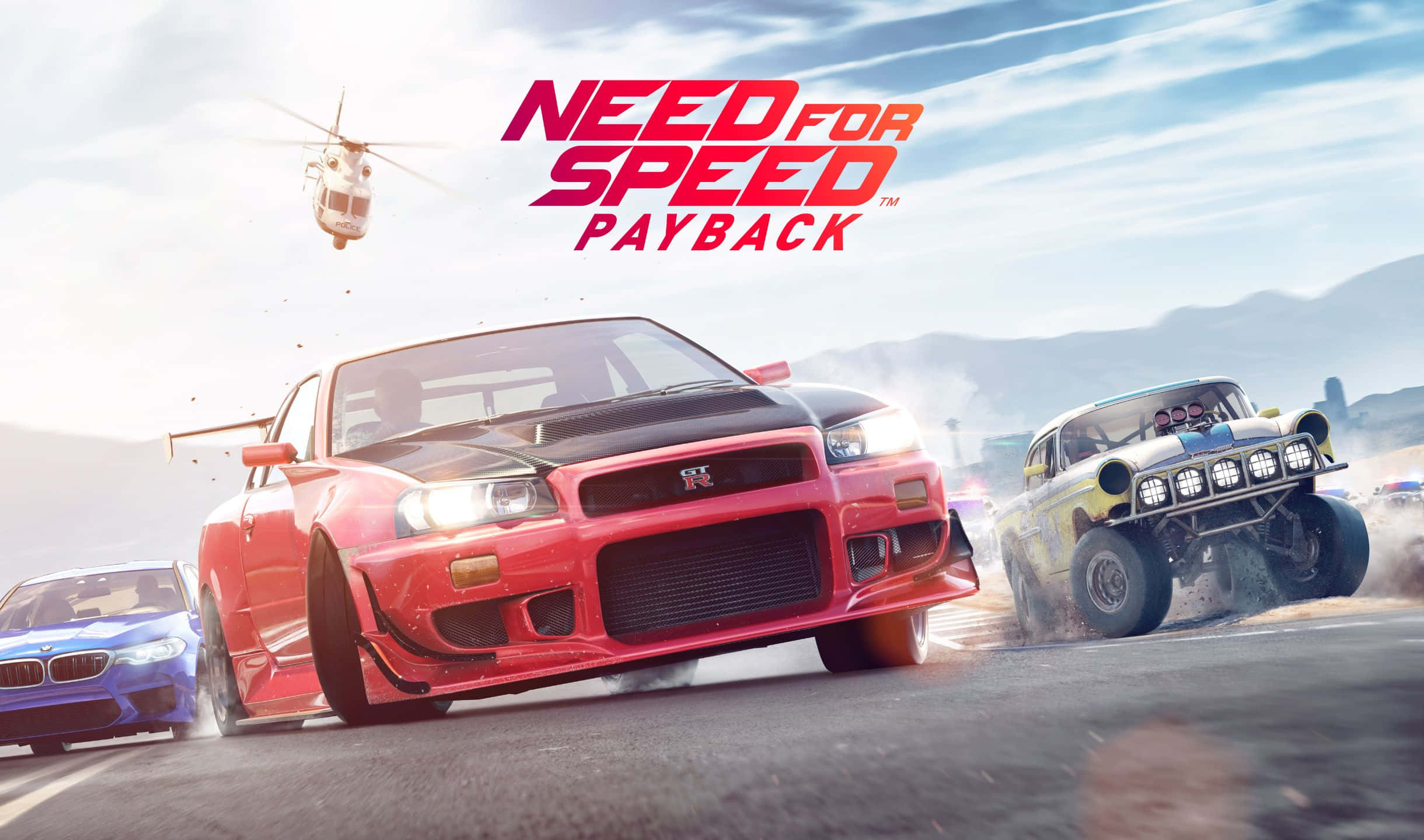 《Need for Speed Payback》衝鋒至最高峰 壁紙 — 一輛紅色跑車在山路上激進地飄移，一輛黃色怪獸卡車和藍色轎車在直升機的監視下並排競速。