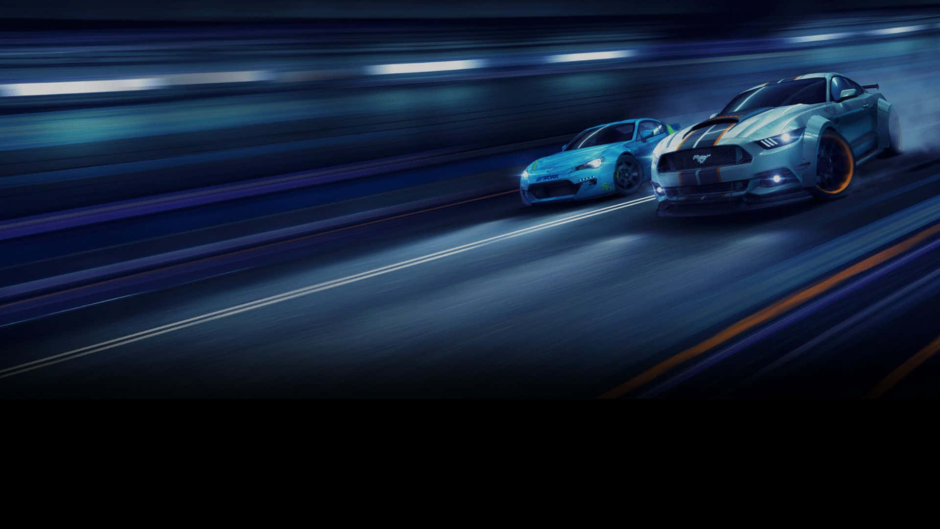 兩輛高性能汽車在夜間道路上漂移，帶有光條紋。