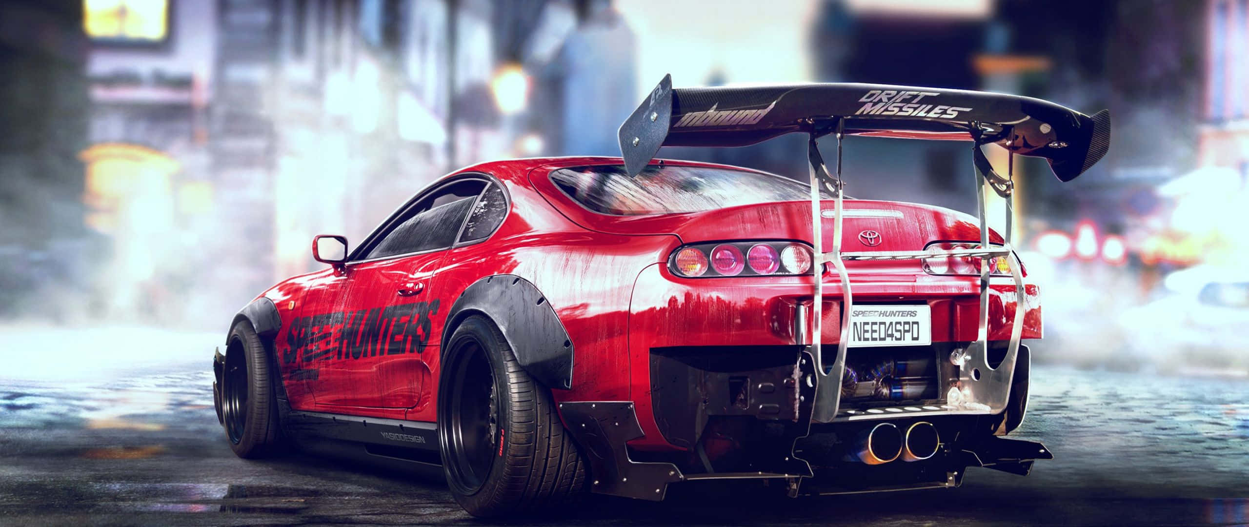 《Need for Speed Payback》中的驚心動魄高速追捕 壁紙 — 一輛紅色改裝跑車在夜間濕滑的城市街道上飄移，身後留下發光的燈光和煙霧。