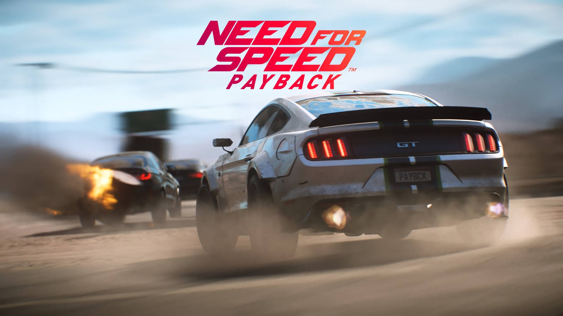 《Need for Speed Payback》日產GT Turbo追捕 壁紙 — 一架銀色Mustang GT在塵土飛揚的沙漠道路上激進飄移，後方對手車輛噴出火焰。