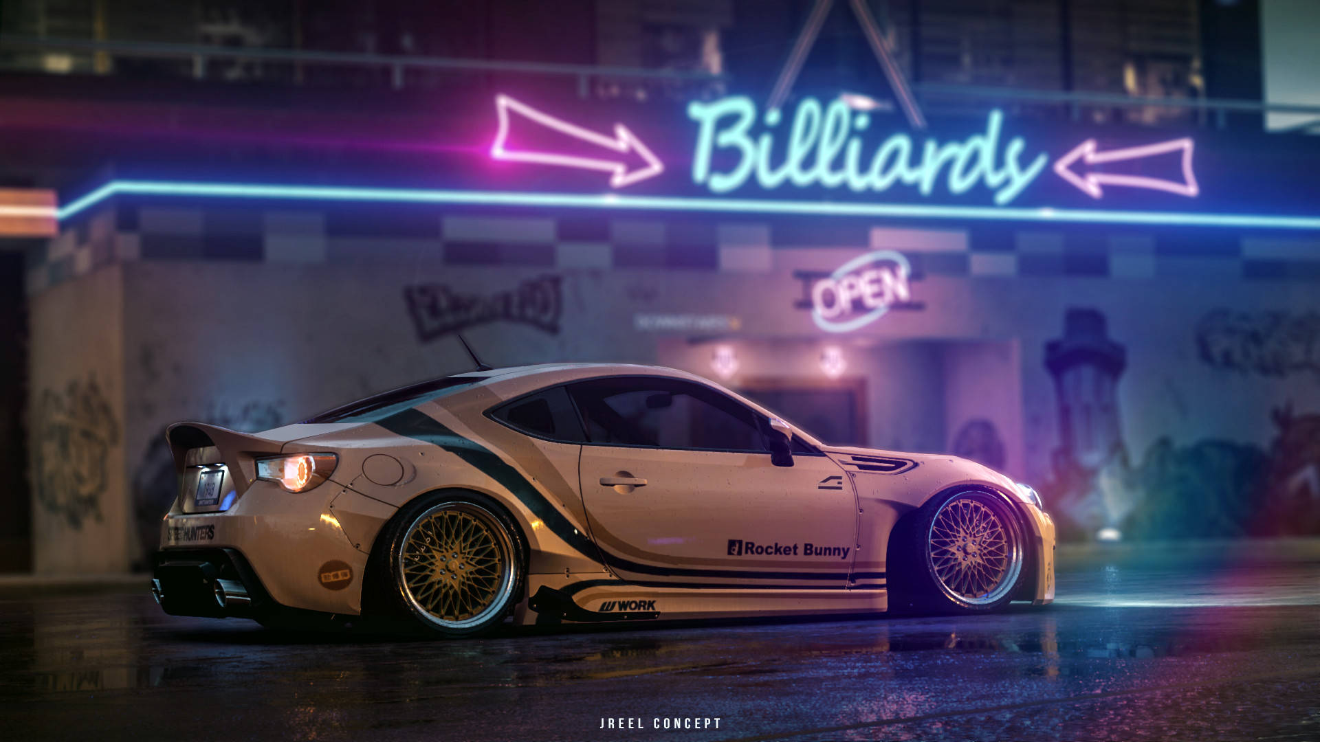 《Need for Speed Payback》斯巴魯BRZ台球館 壁紙 — 一輛改裝過的白色跑車配金色輪圈，在潮濕的城市街道上，夜晚停泊在發光的霓虹燈 'Billiards' 標誌下。