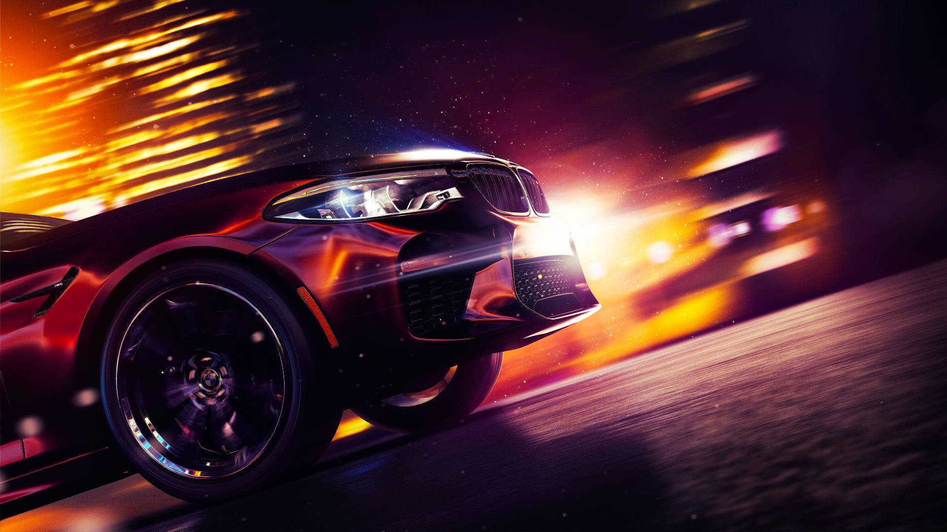 《Need for Speed Payback》動態光軌 壁紙 — 一輛時尚的黑色跑車在霓虹燈閃爍的夜街上疾馳，伴隨著發光的橙色條紋和閃爍的粒子。