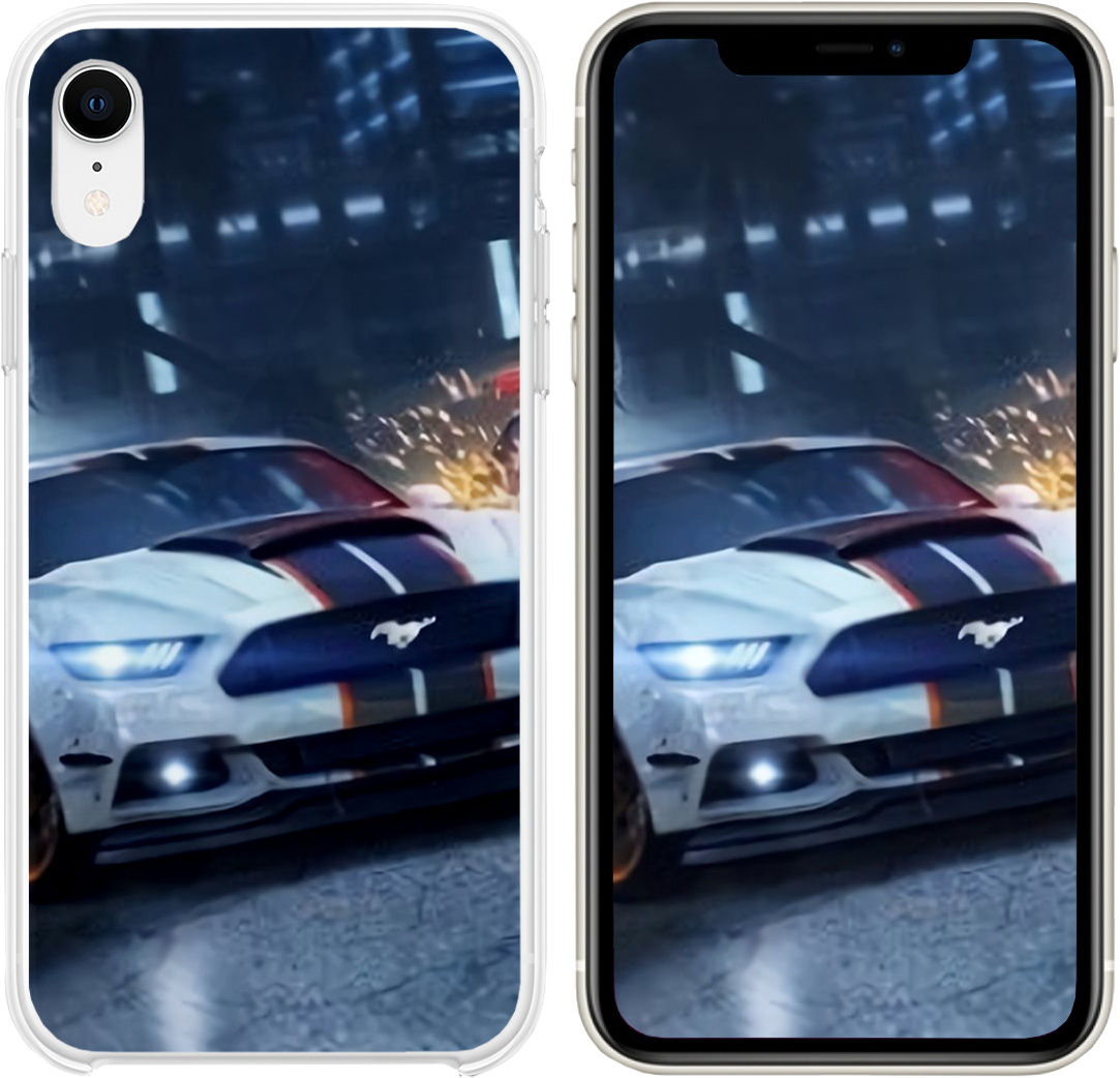 《Need for Speed Payback》Mustang行動電話殼 壁紙 — 一輛帶有藍色條紋的白色福特野馬在雨夜的城市街道上疾馳，碰撞中火花四濺。