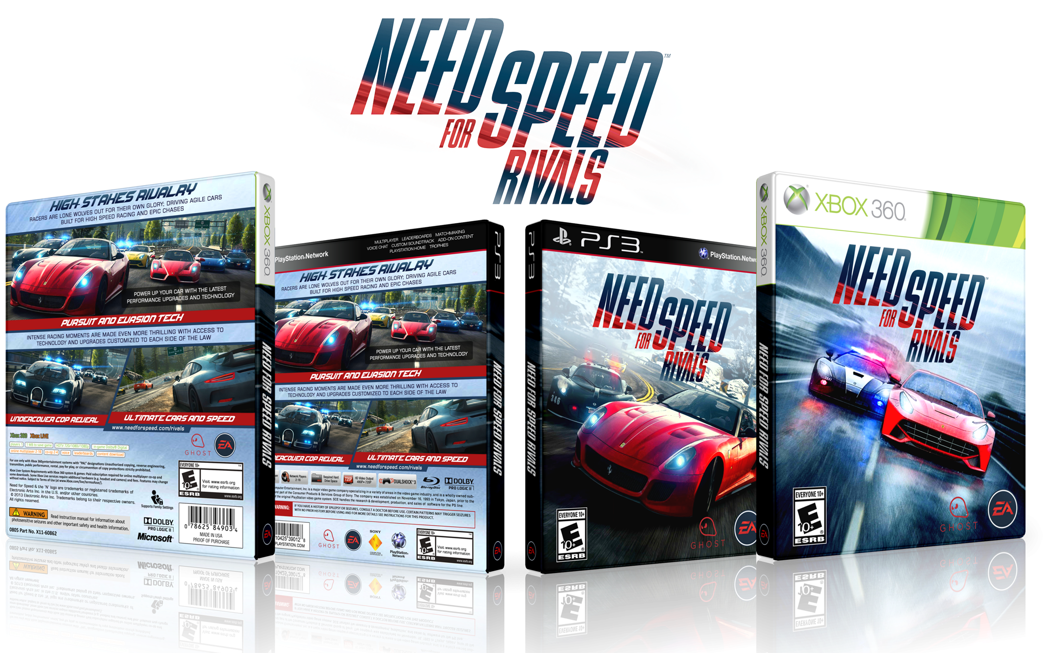 《Need for Speed Rivals》遊戲封面 壁紙 — 三個用於 PS3、Xbox 360 和 PC 的 Need for Speed Rivals 遊戲盒，展示動態賽車藝術和粗體標題標誌。