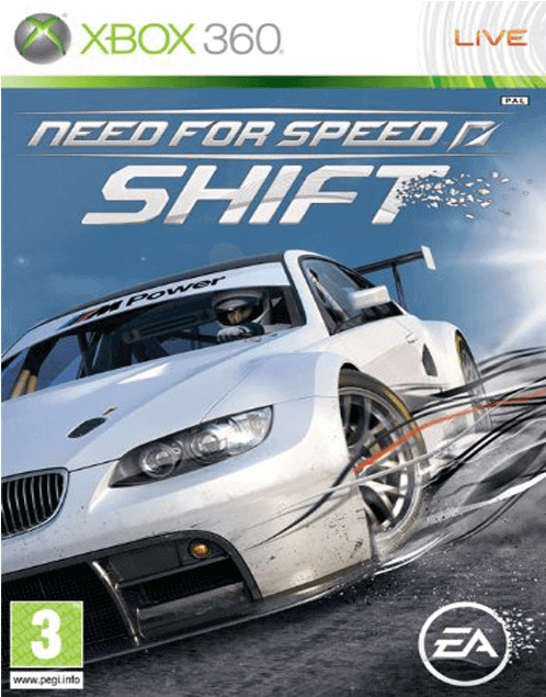 《Need for Speed Shift》Xbox 360封面藝術 壁紙 — 一輛白色賽車在明亮的藍天下，伴隨著動態模糊和輪胎噴霧，在潮濕的賽道上疾馳。