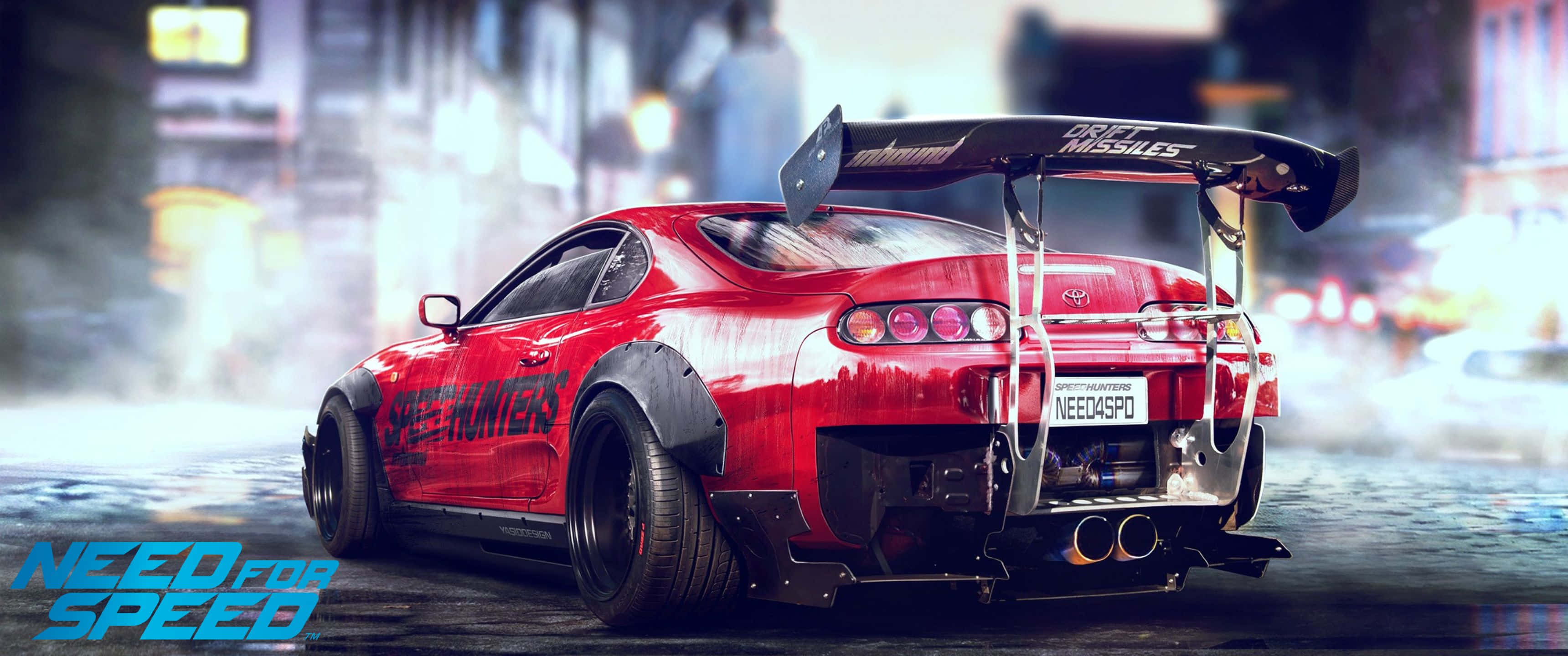《Need For Speed》的速度與激情 壁紙 — 一輛紅色改裝跑車在雨夜的都市街道上飄移，伴隨著發光的霓虹燈和輪胎煙霧。