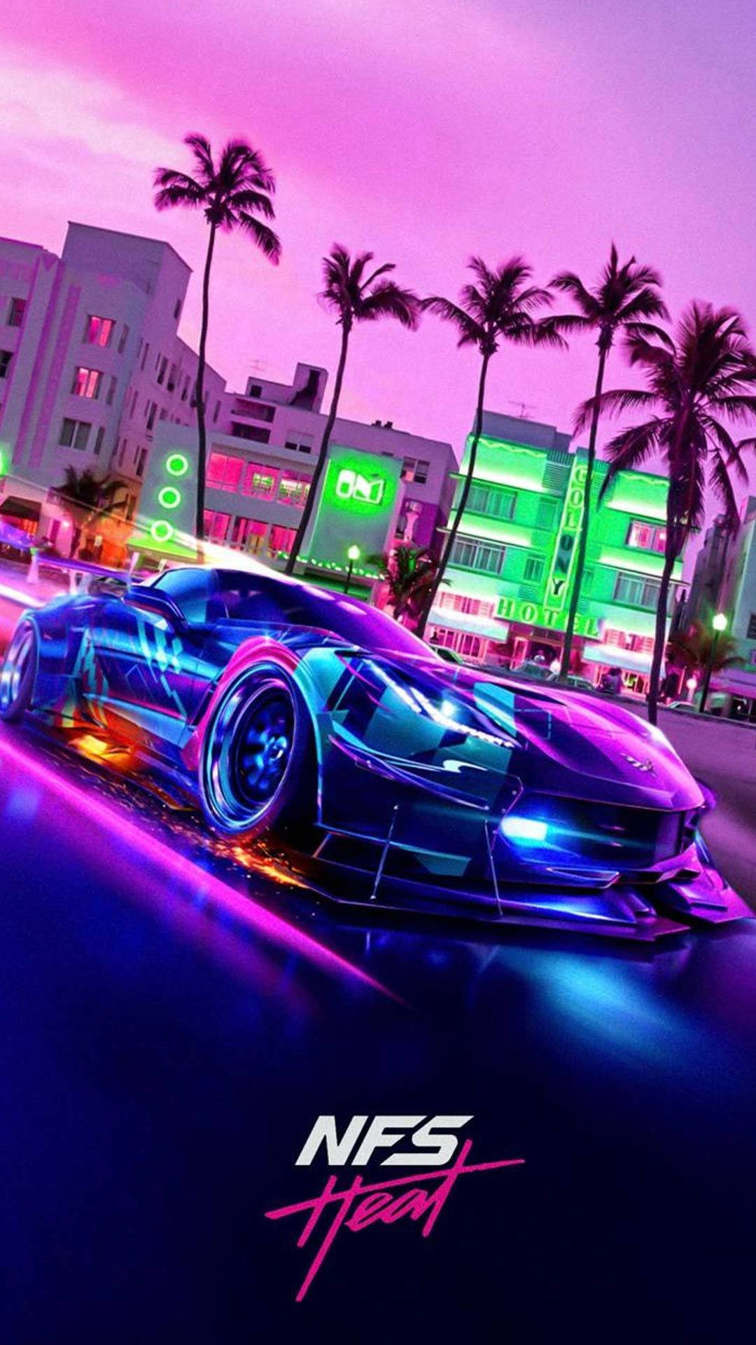 未來主義跑車在夜間疾馳穿過霓虹燈照亮嘅邁阿密街道。
