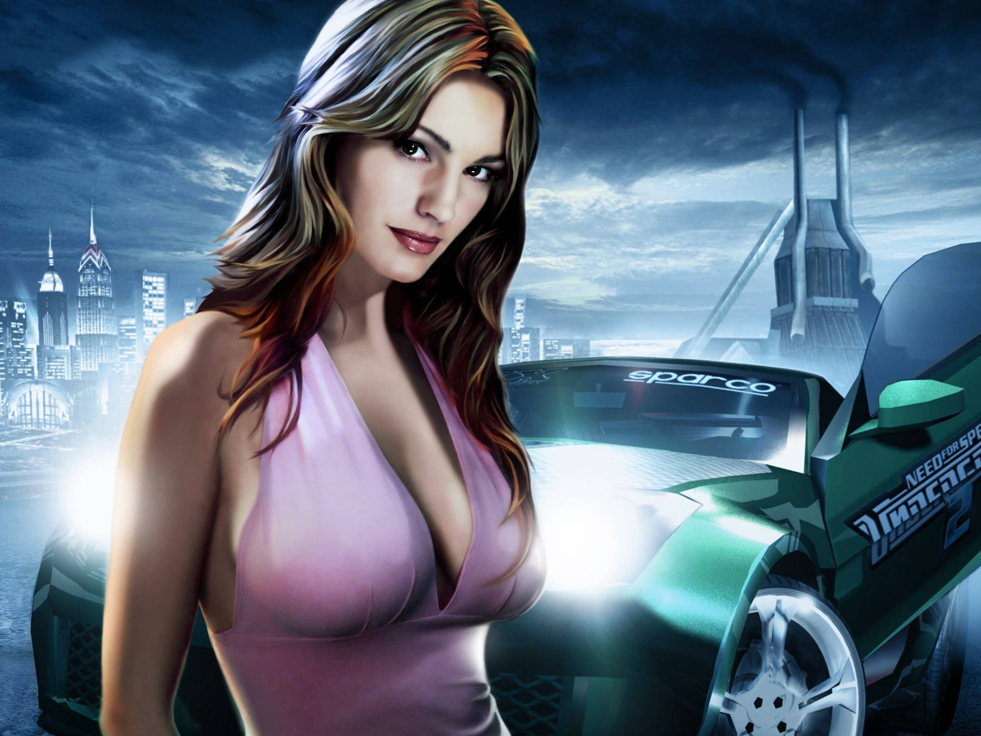 《Need For Speed》綠色Sparco車與女孩 壁紙 — 一位穿著粉紅色連衣裙的魅力女性站在一輛綠色賽車旁，背景是城市天際線和煙囪，天空風起雲湧。