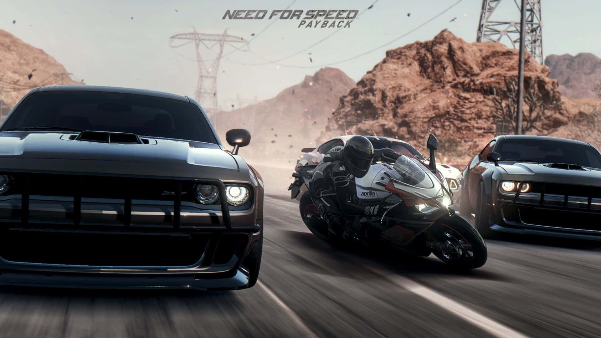 《Need For Speed》背景：道奇挑戰者 壁紙 — 三輛高性能車輛在頭頂有電線的塵土飛揚的沙漠峽谷中高速競速。