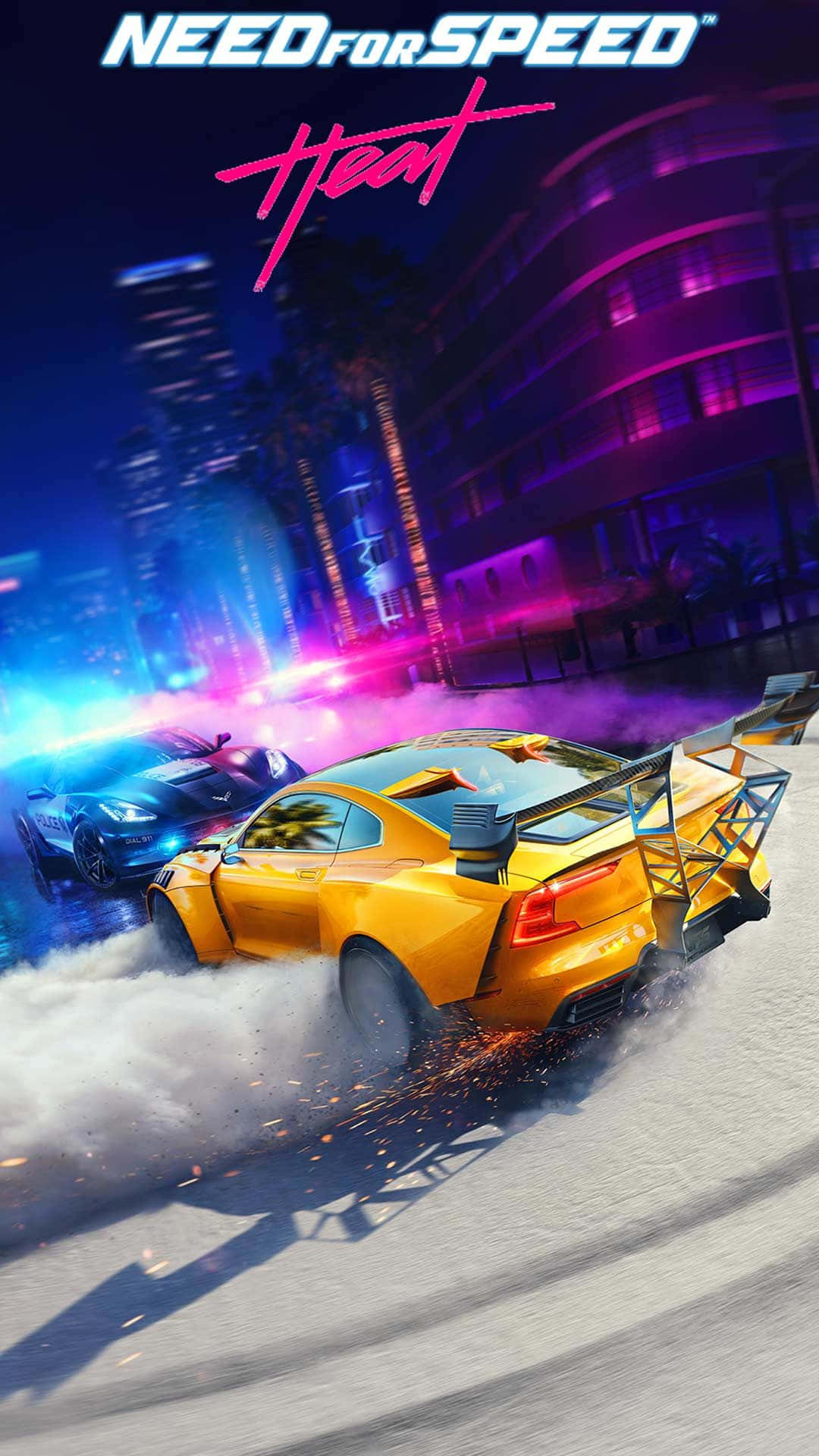《Need For Speed》背景：熱力漂移 壁紙 — 一場霓虹燈閃爍的夜間街頭賽車，黃色跑車飄移，火花四濺，警車在後追趕。