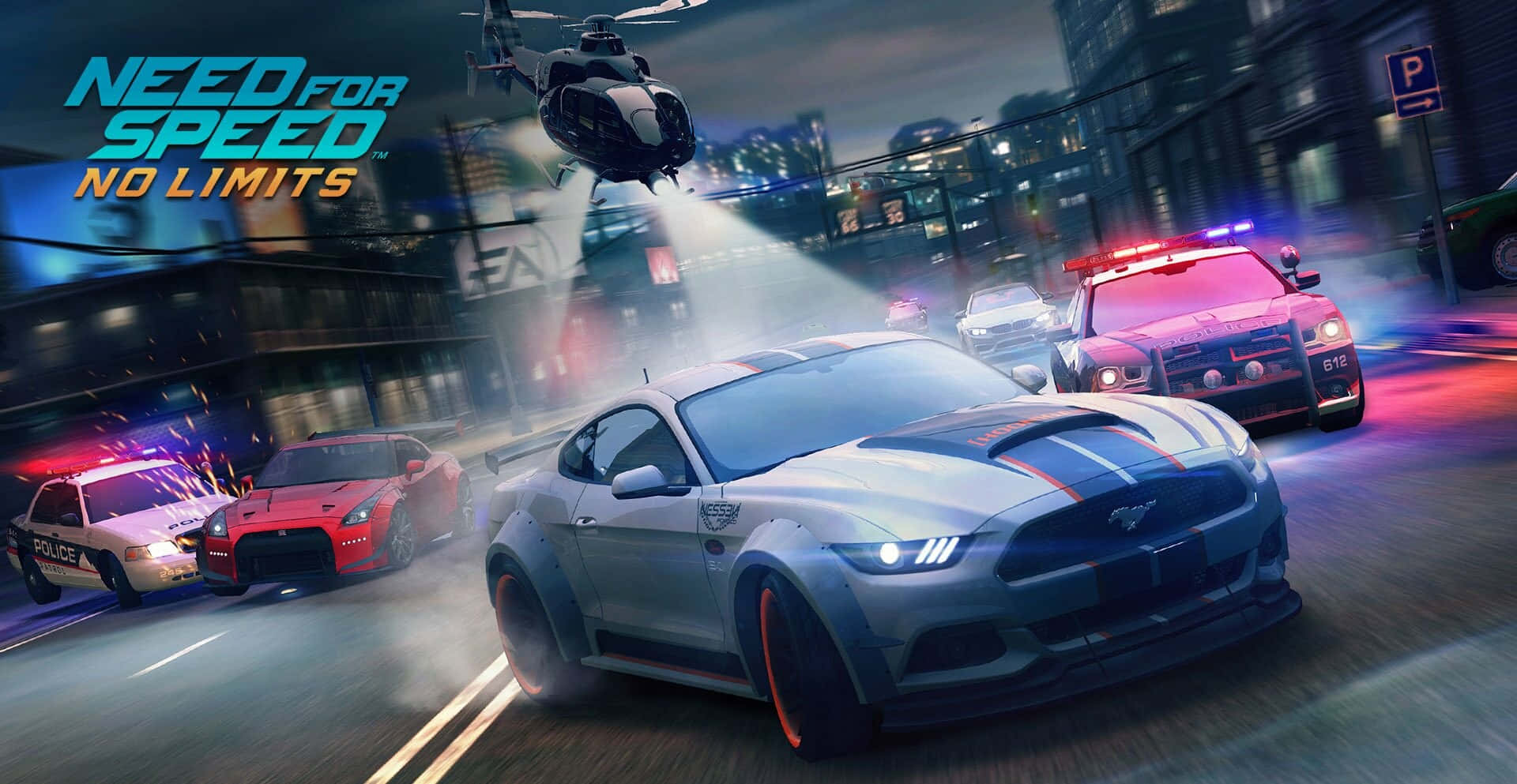 《Need For Speed》背景海報 壁紙 — 一輛銀色野馬跑車在霓虹燈照亮的城市街道上奔馳，被警車和直升機追捕。