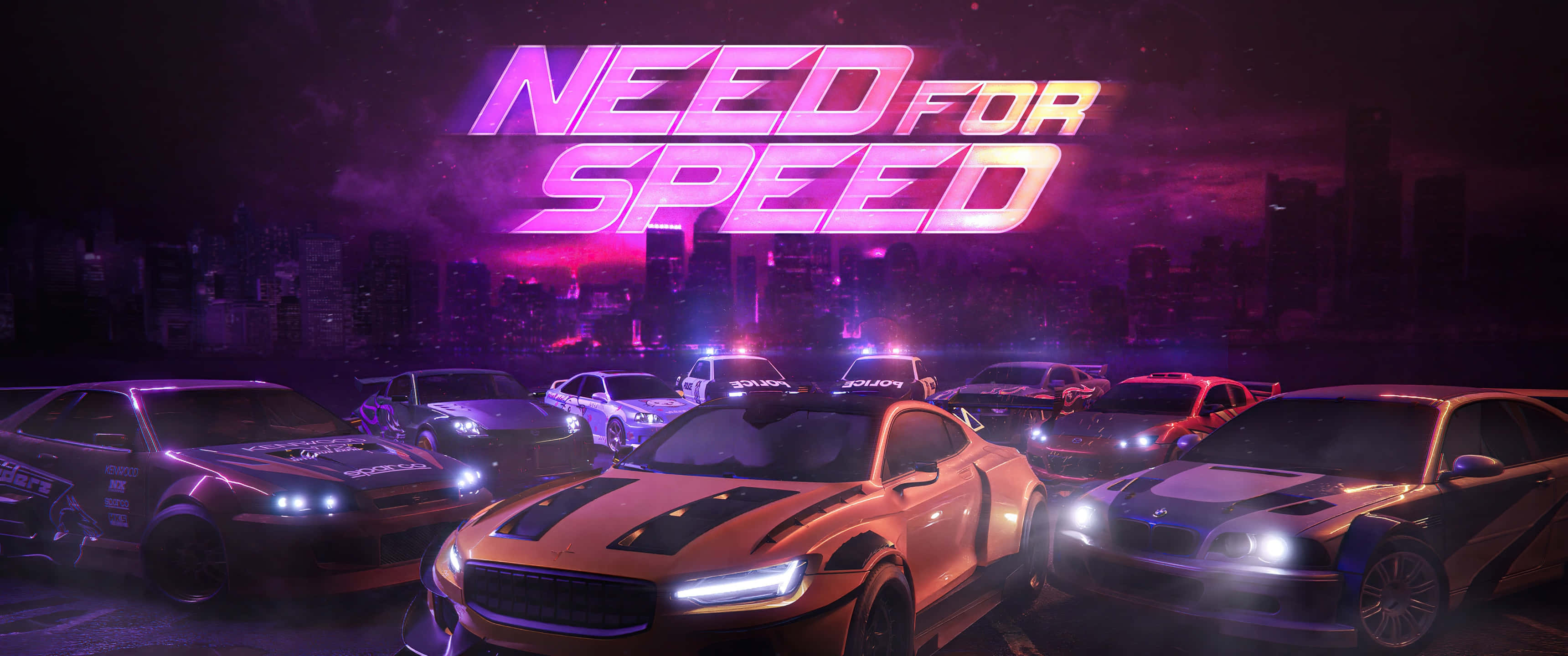 《Need For Speed》背景：粉紅標誌 壁紙 — 夜晚霓虹燈照亮的城市景觀，高性能賽車在發光的 'Need for Speed' 標誌下奔馳。