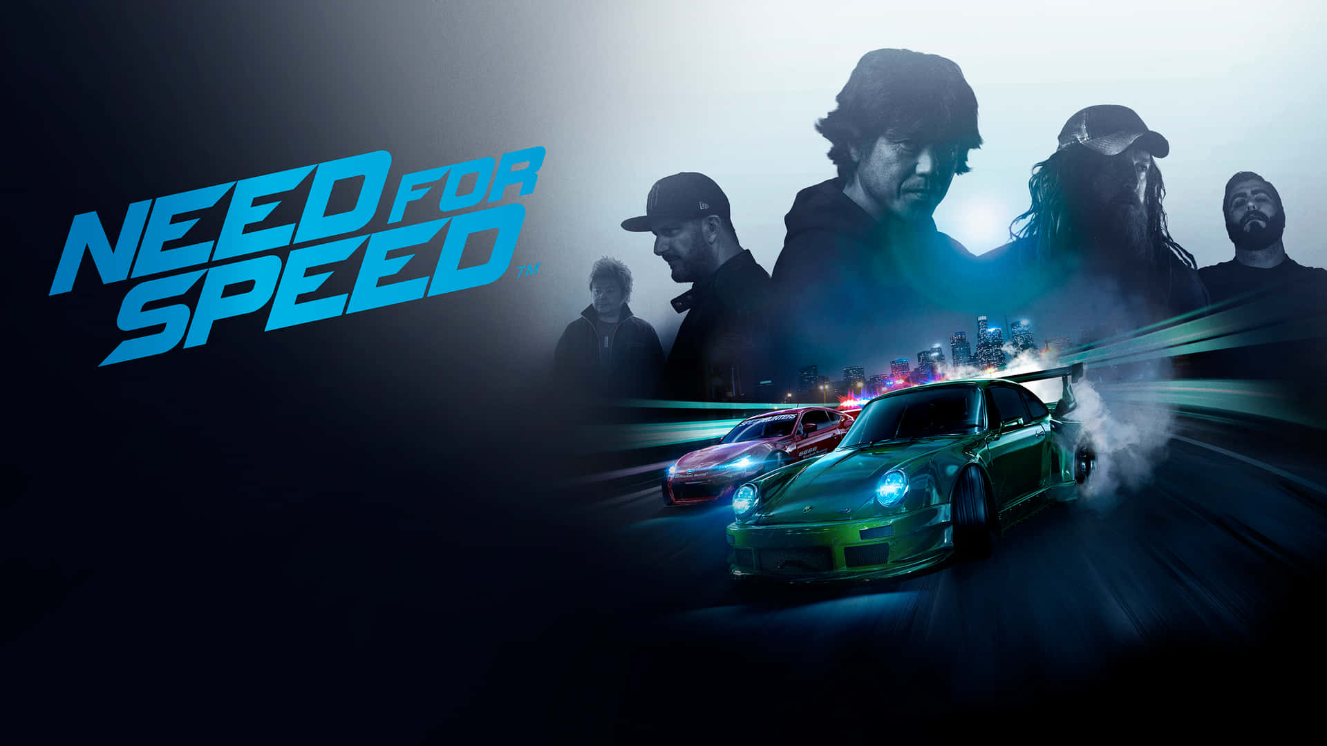 《Need For Speed》背景：賽車手肖像 壁紙 — 兩輛發光的跑車在霓虹燈照亮嘅都市夜晚高速飄移，剪影賽車手專注地觀看。
