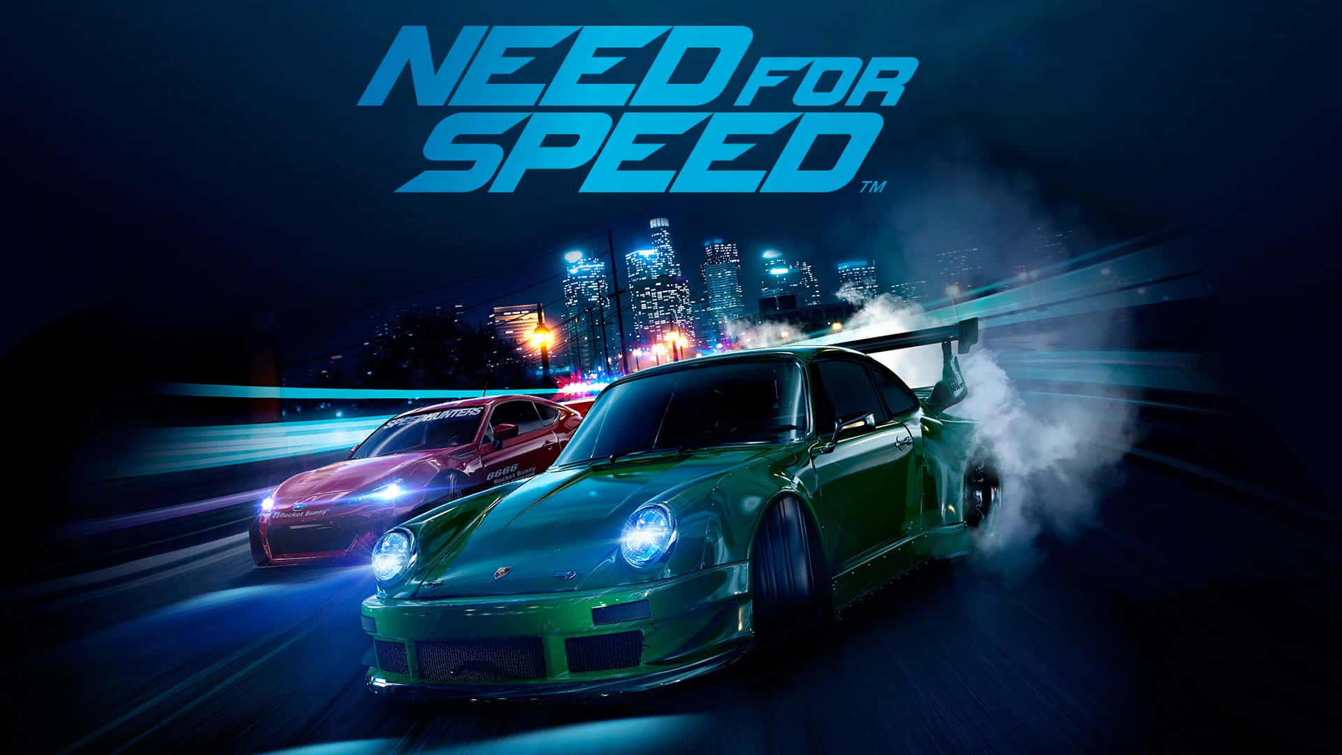 《Need For Speed》背景：遊戲標誌 壁紙 — 兩輛高性能汽車在夜間穿過霓虹燈照亮、高樓大廈閃爍且帶有動態模糊軌跡的城市景觀中飄移。